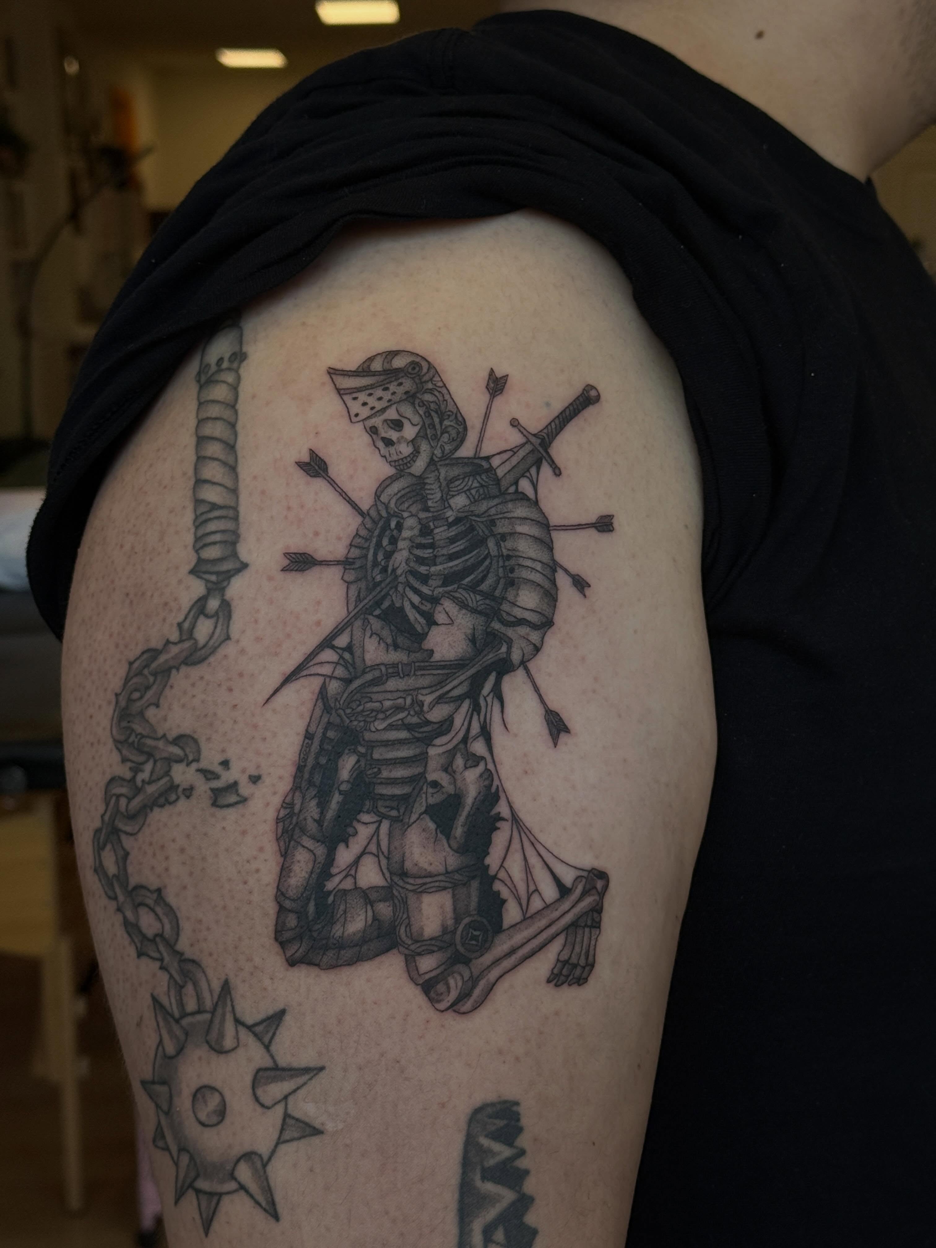Skeleton warrior realism tattoo on the shoulder by Rachel ˚⊱🪷⊰˚ 芷若, Des Moines, Iowa