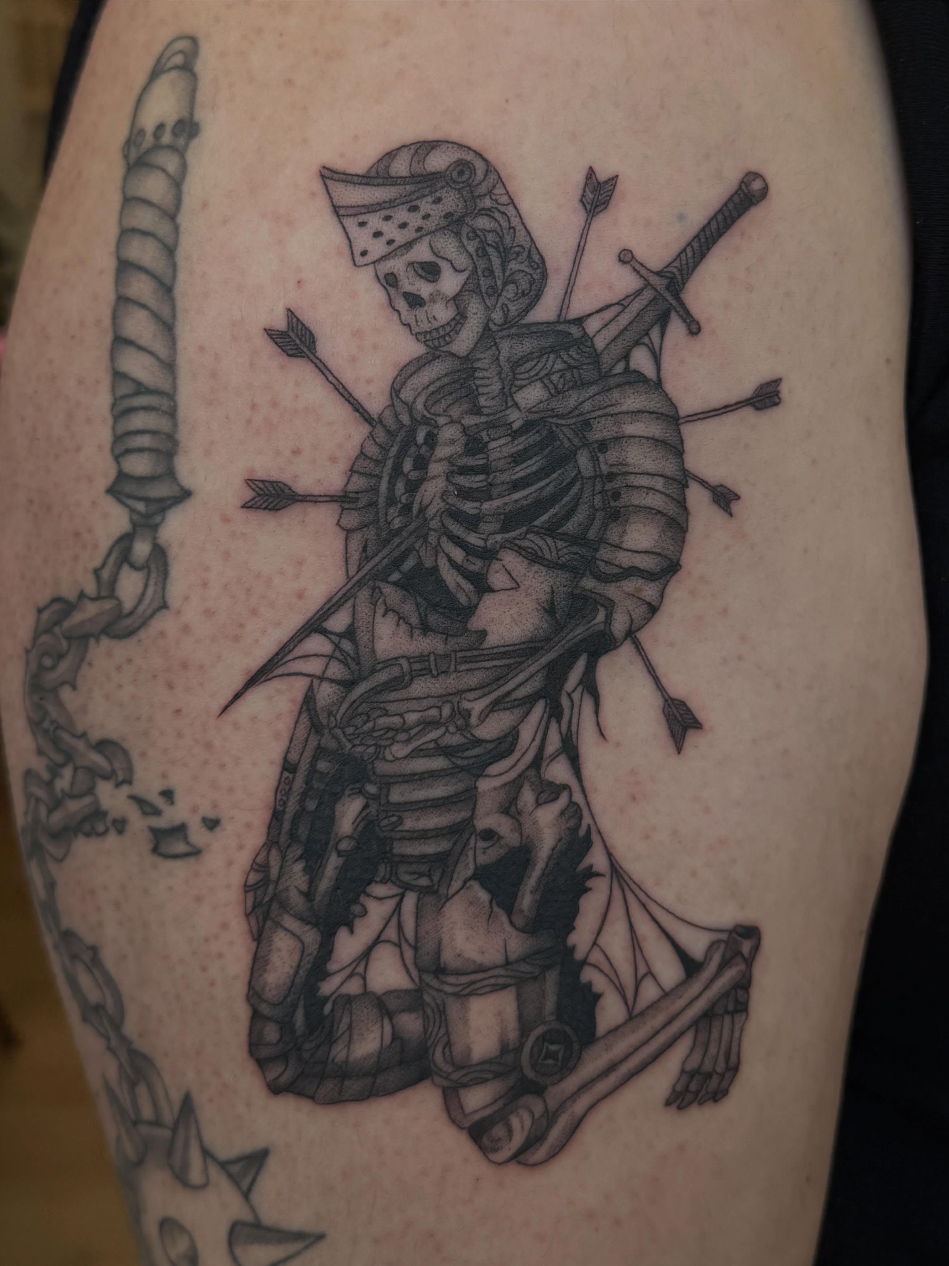 Skeleton warrior realism tattoo on the thigh by Rachel ˚⊱🪷⊰˚ 芷若, Des Moines, Iowa