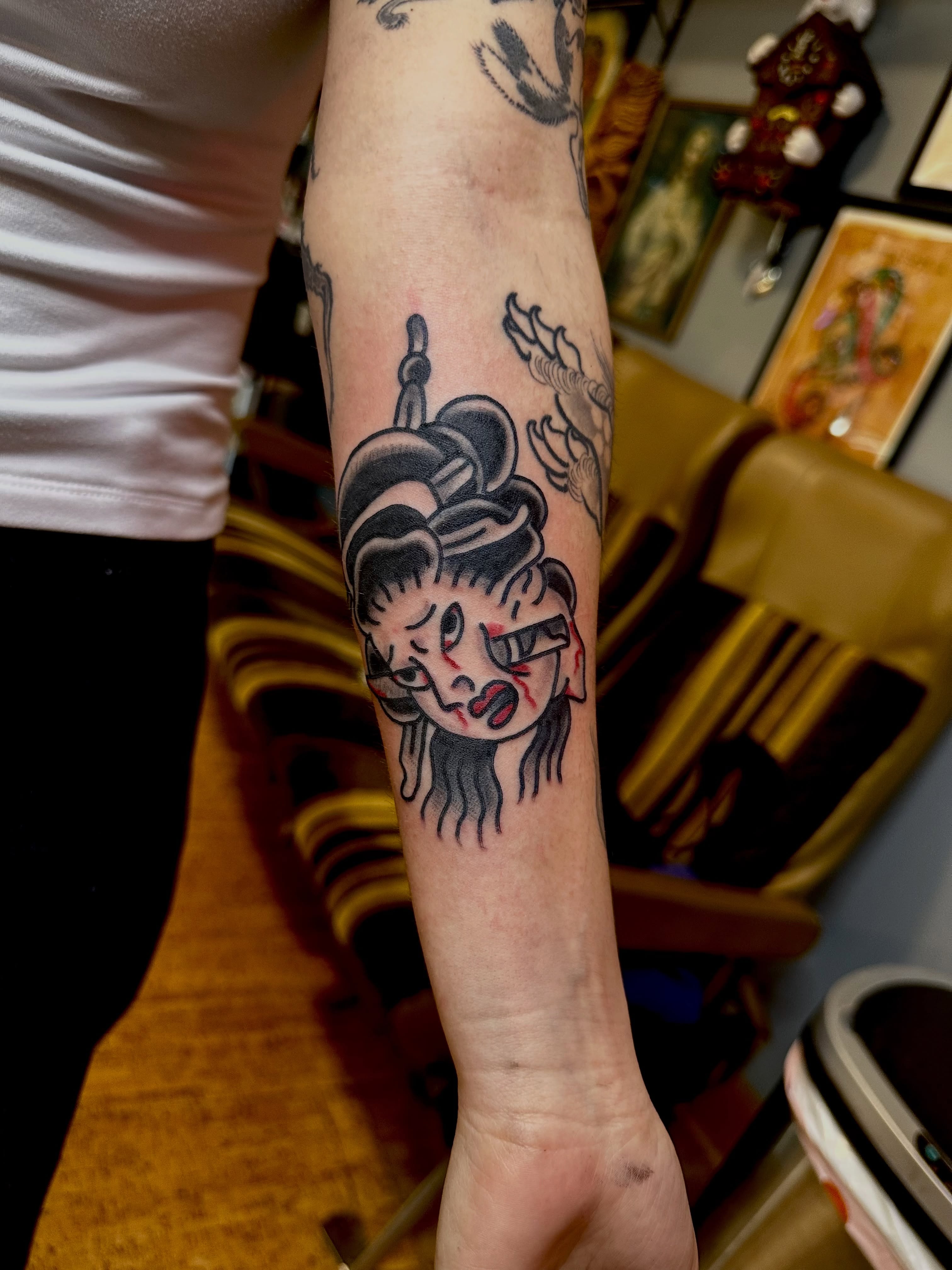 Geisha japanese irezumi tattoo on the forearm by teddy, Portland, Oregon