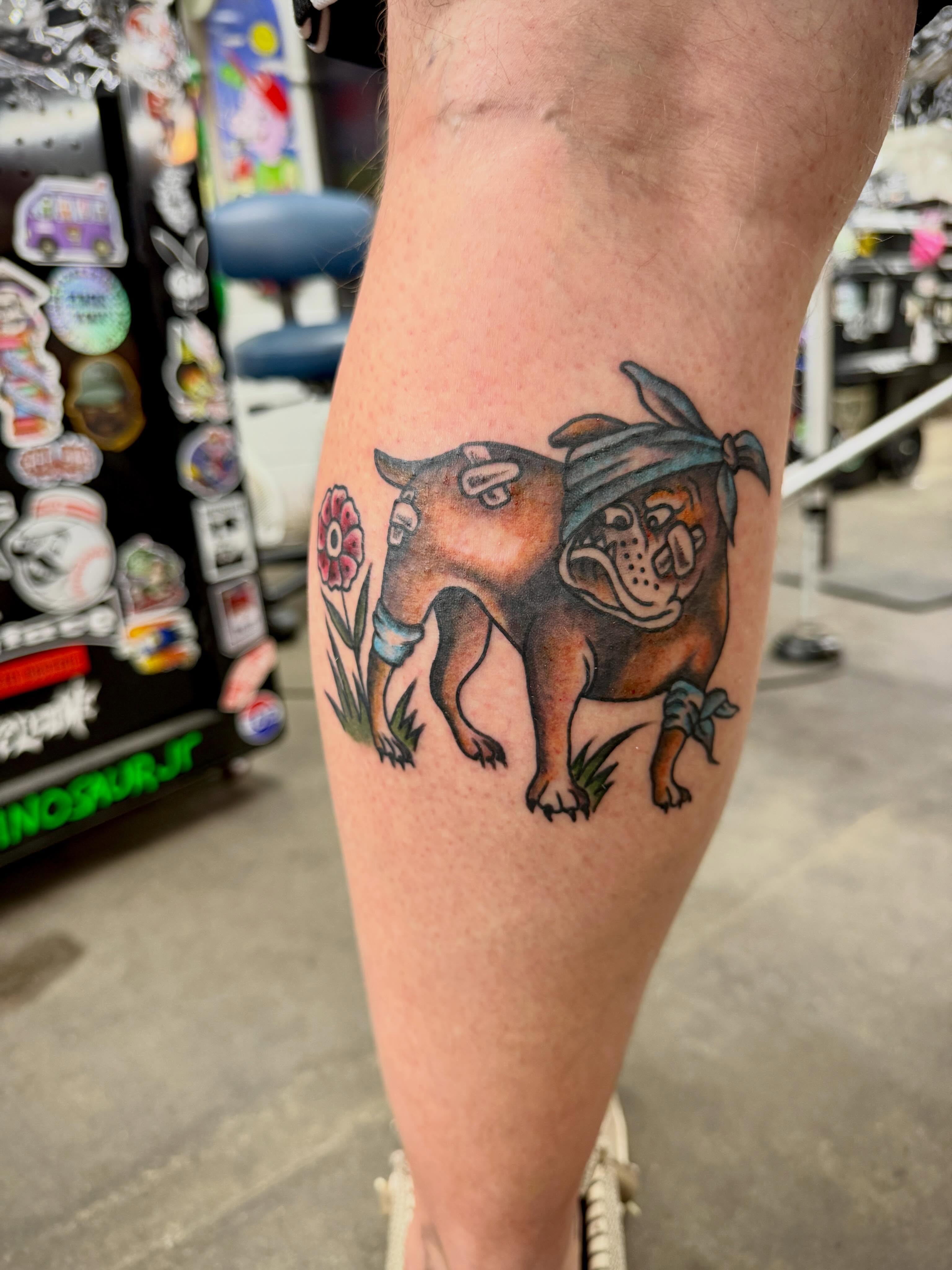 Bulldog with bandana American traditional tattoo on the forearm by Ali Calis