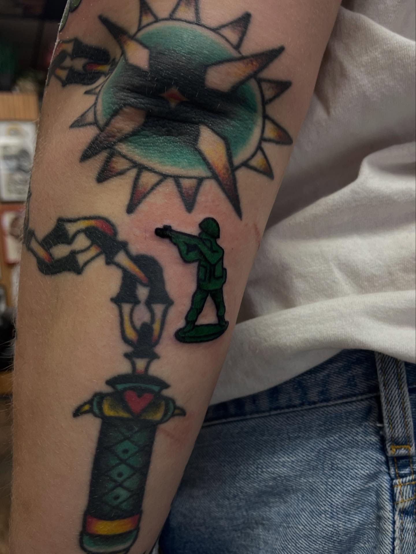Soldier and bird American traditional tattoo on the forearm by J❄️, Portland, Oregon