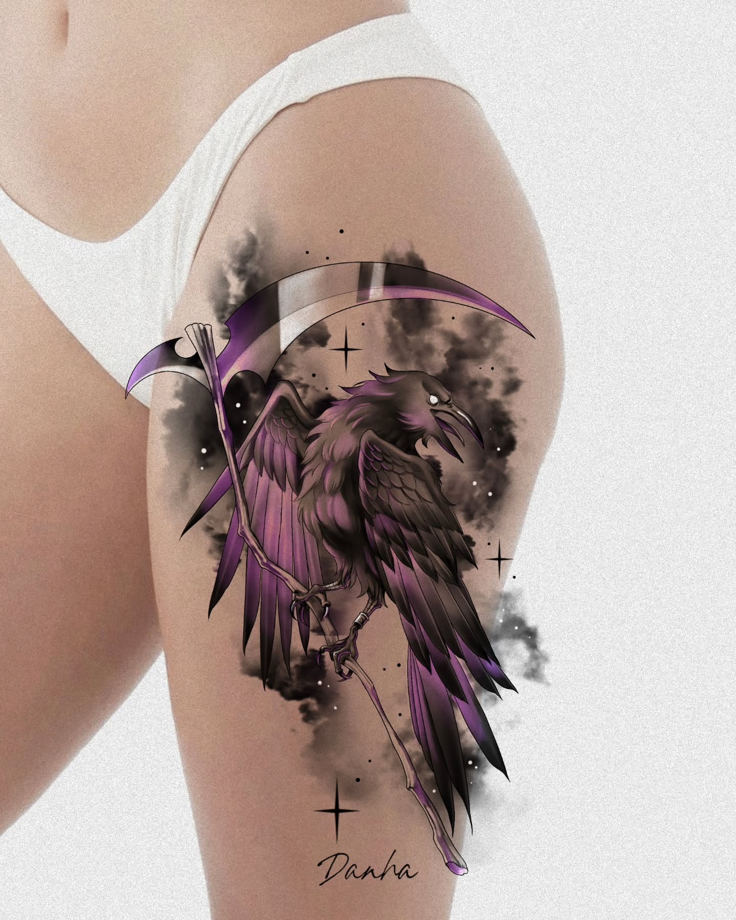 Crow and scythe dark realism tattoo on the upper arm by danha_seoul tattooist