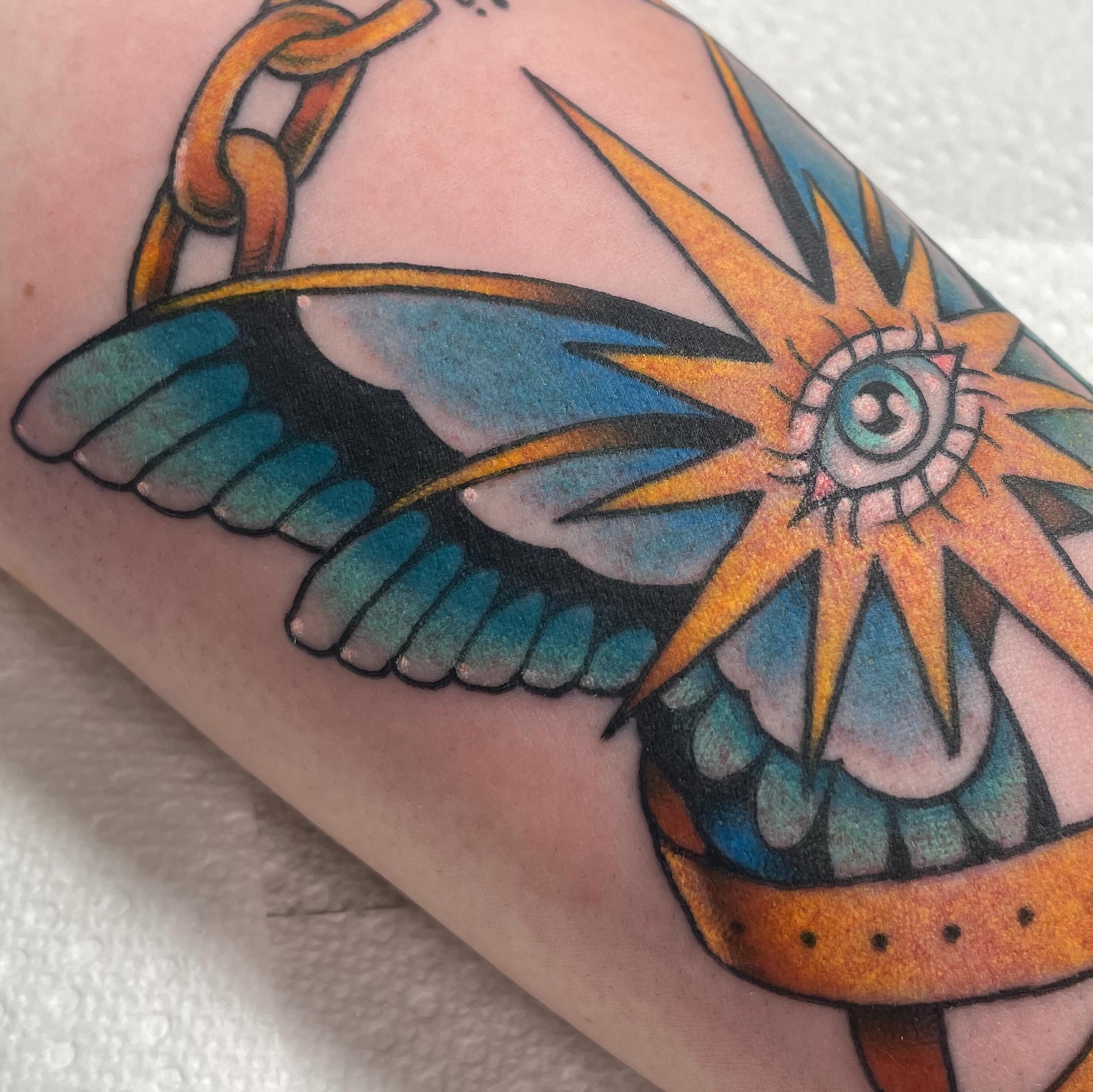 Eye with wings American traditional tattoo on the forearm by Eric (EK) Kuldell