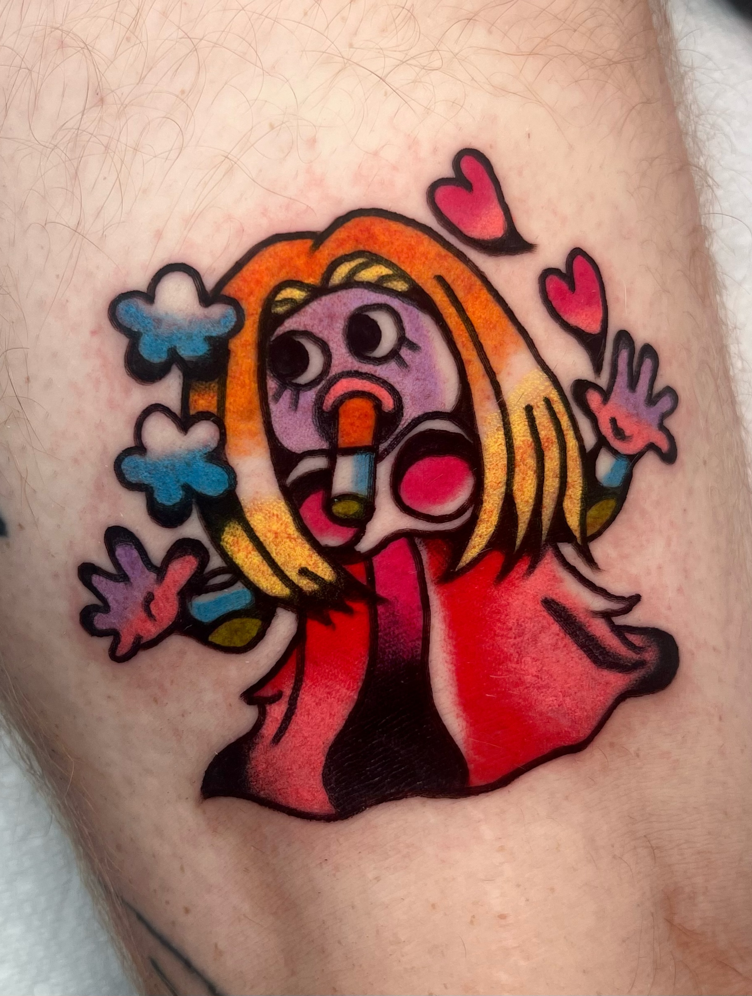 Cartoon character new school tattoo on the thigh by Sierra Mack