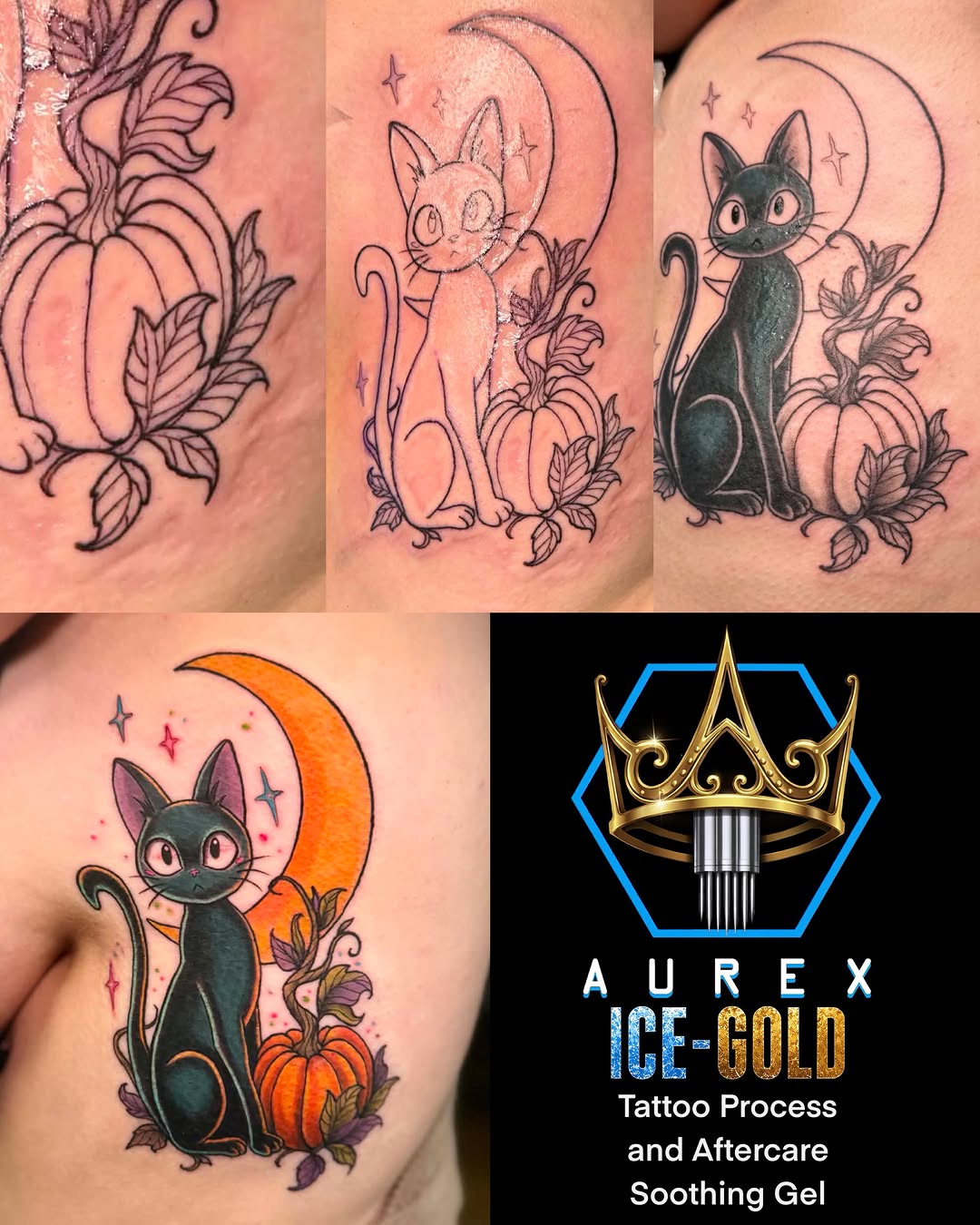 Cat and pumpkin anime tattoo on the chest by Cheyenne Ciera Goulish, Warren, Ohio