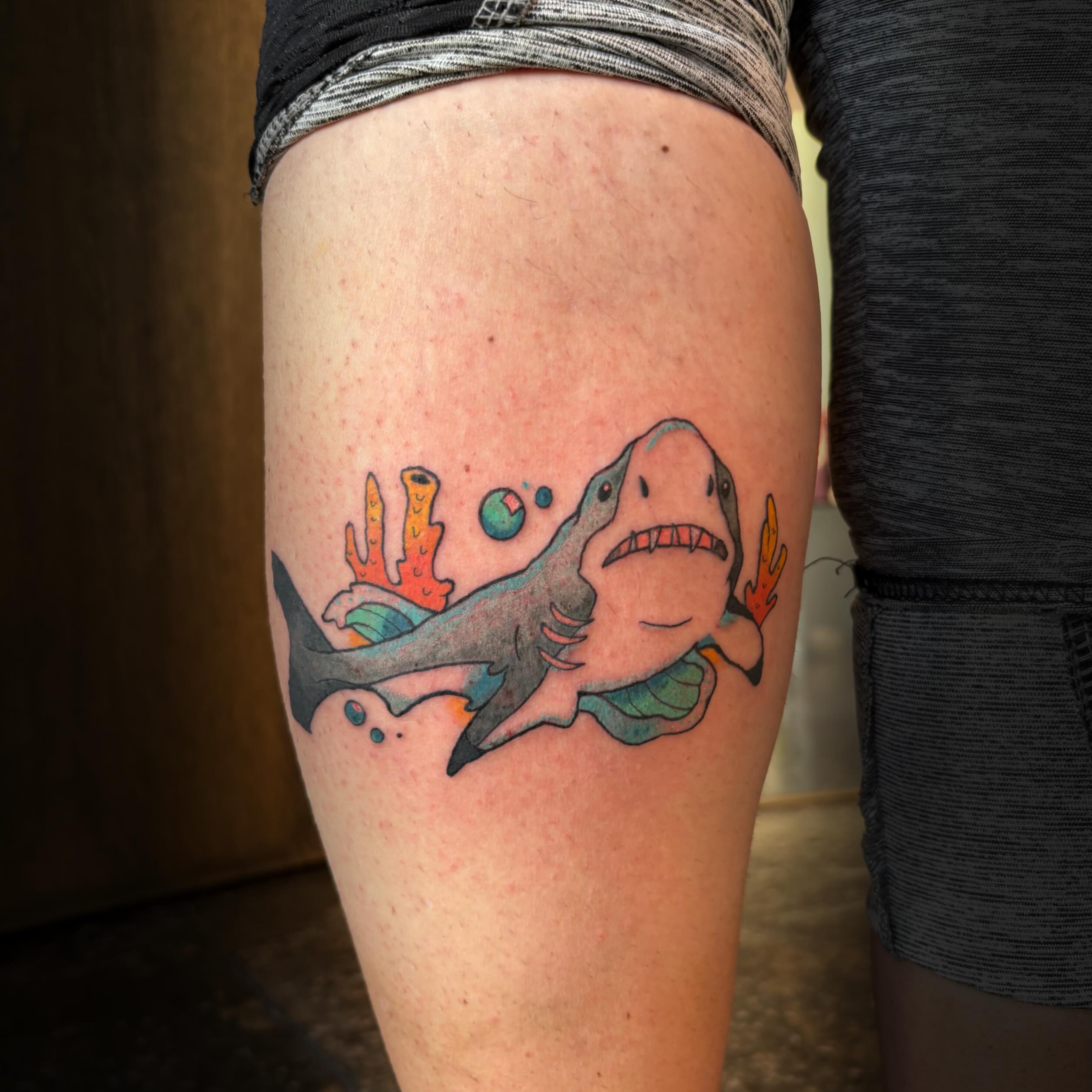 Shark new school tattoo on the thigh by ๐ฎ๐๐๐๐๐๐ ๐ฝ๐๐ โ