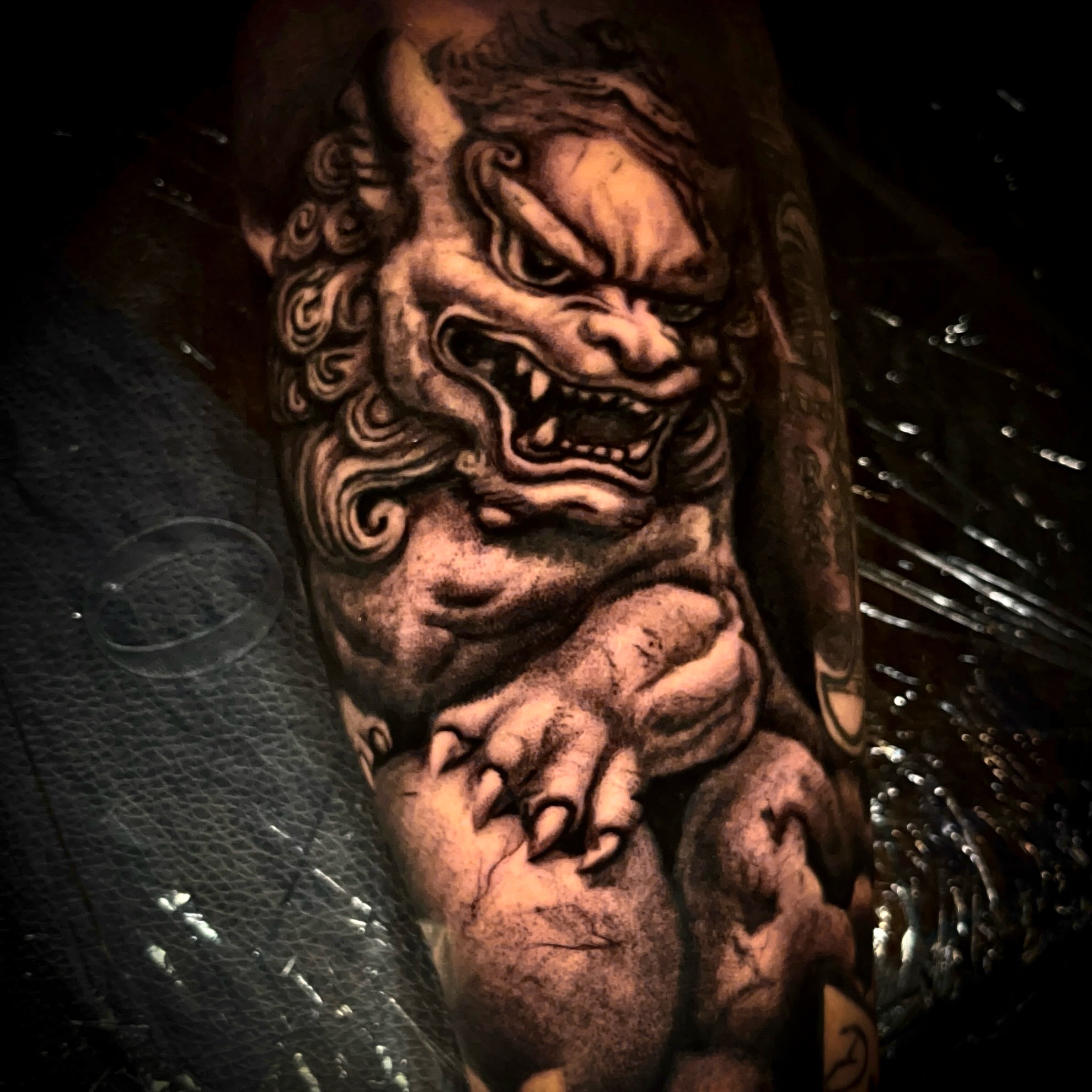 Lion japanese irezumi tattoo on the forearm by Ryan Hindenach