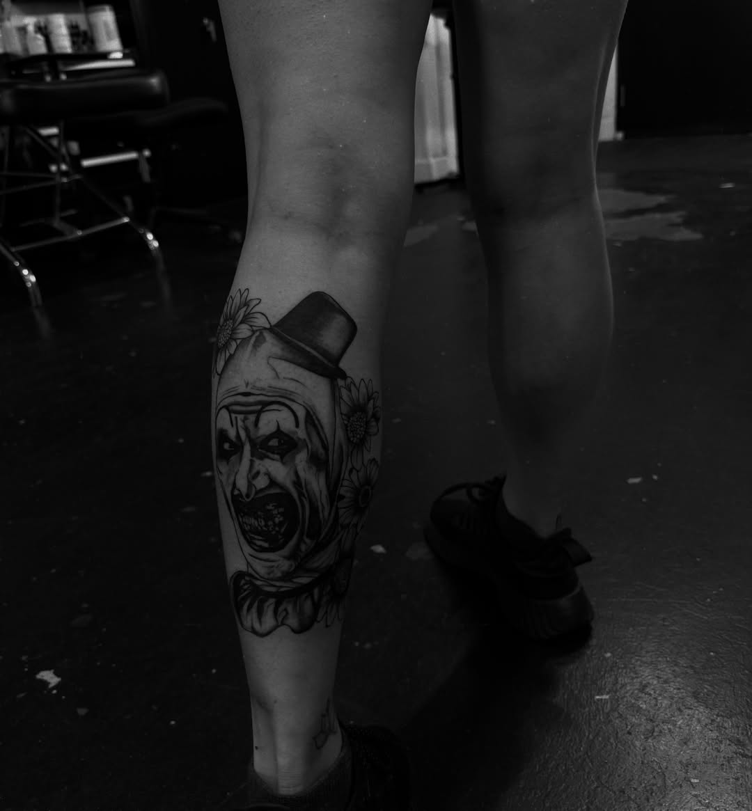 Clown black and grey tattoo on the calf by sierra 💌⛓️