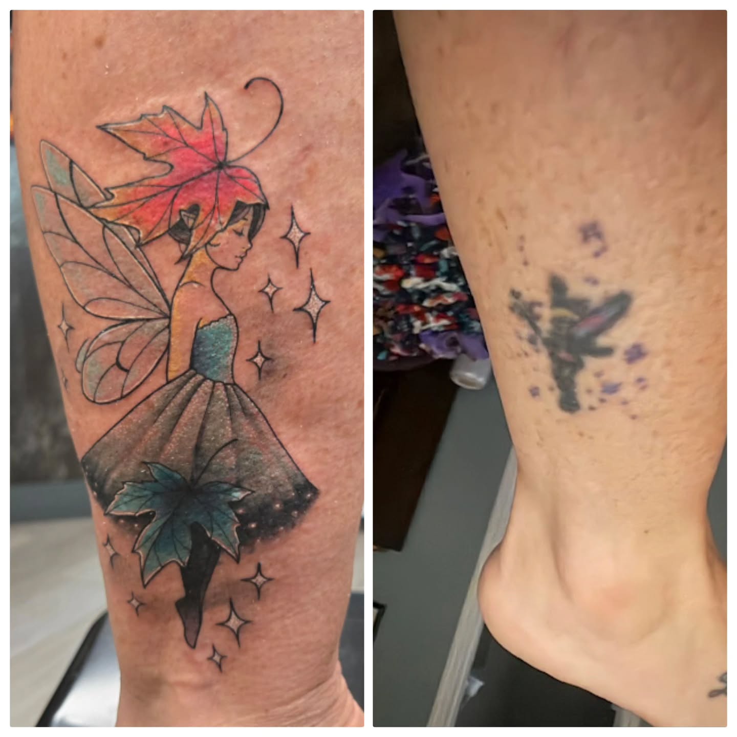 Fairy with maple leaves illustrative tattoo on the leg by Britty Love, Nashville, Tennessee
