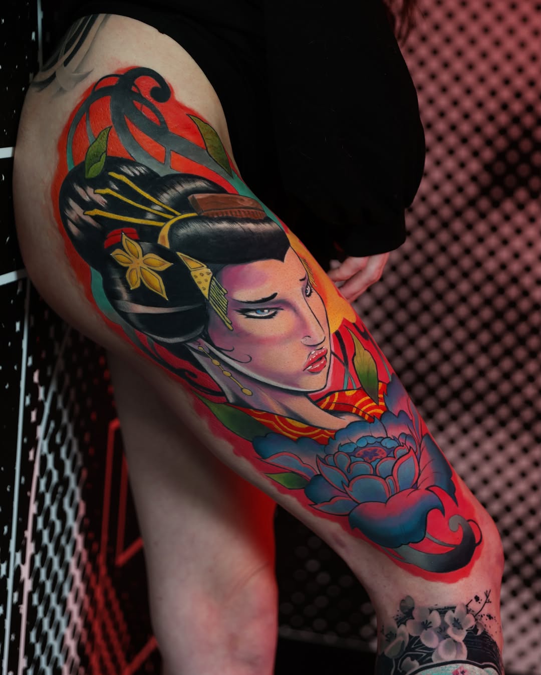 Geisha japanese irezumi tattoo on the thigh by Derek Foferek, Charlotte, North Carolina