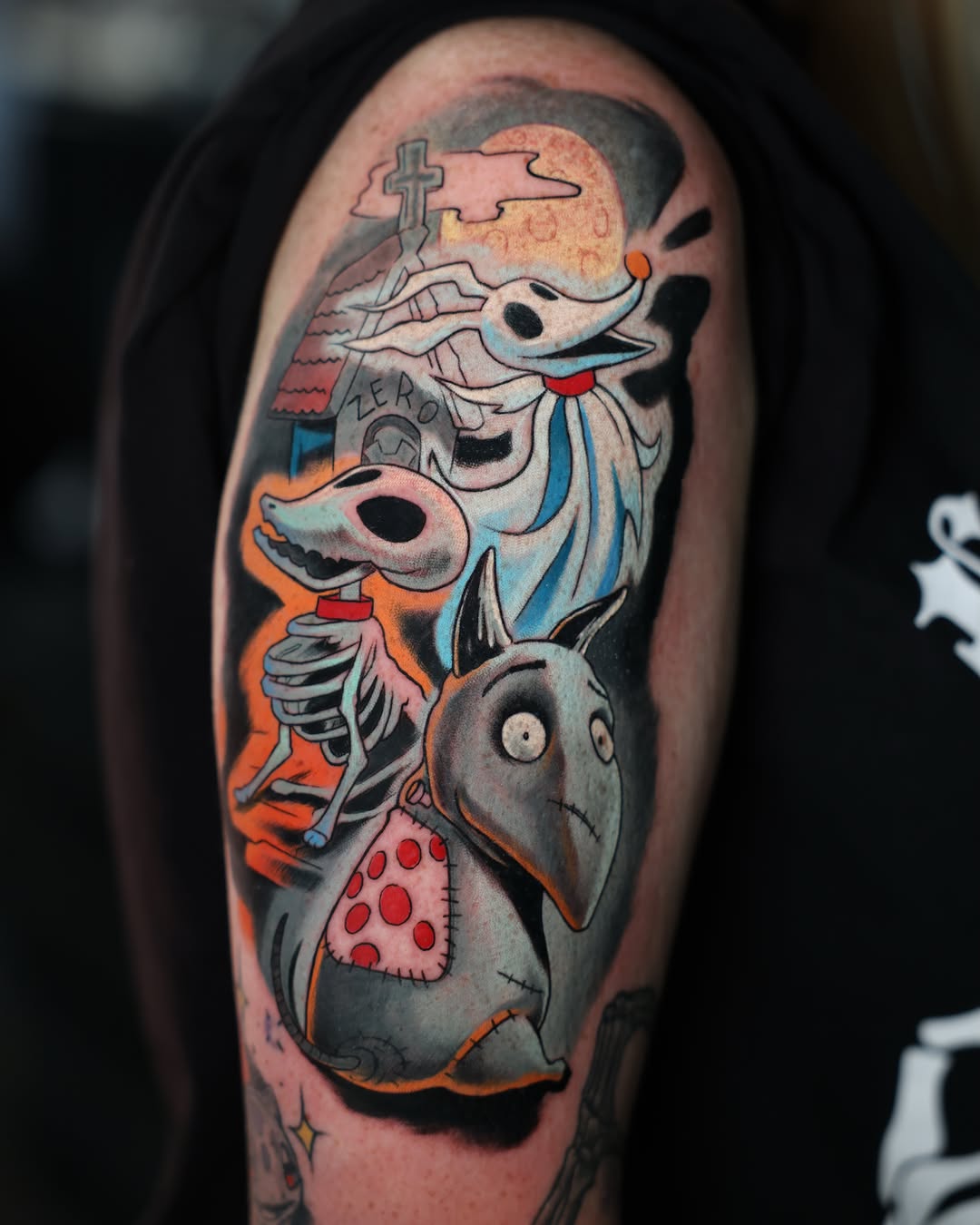The nightmare before christmas characters American traditional tattoo on the forearm by Derek Foferek, Charlotte, North Carolina