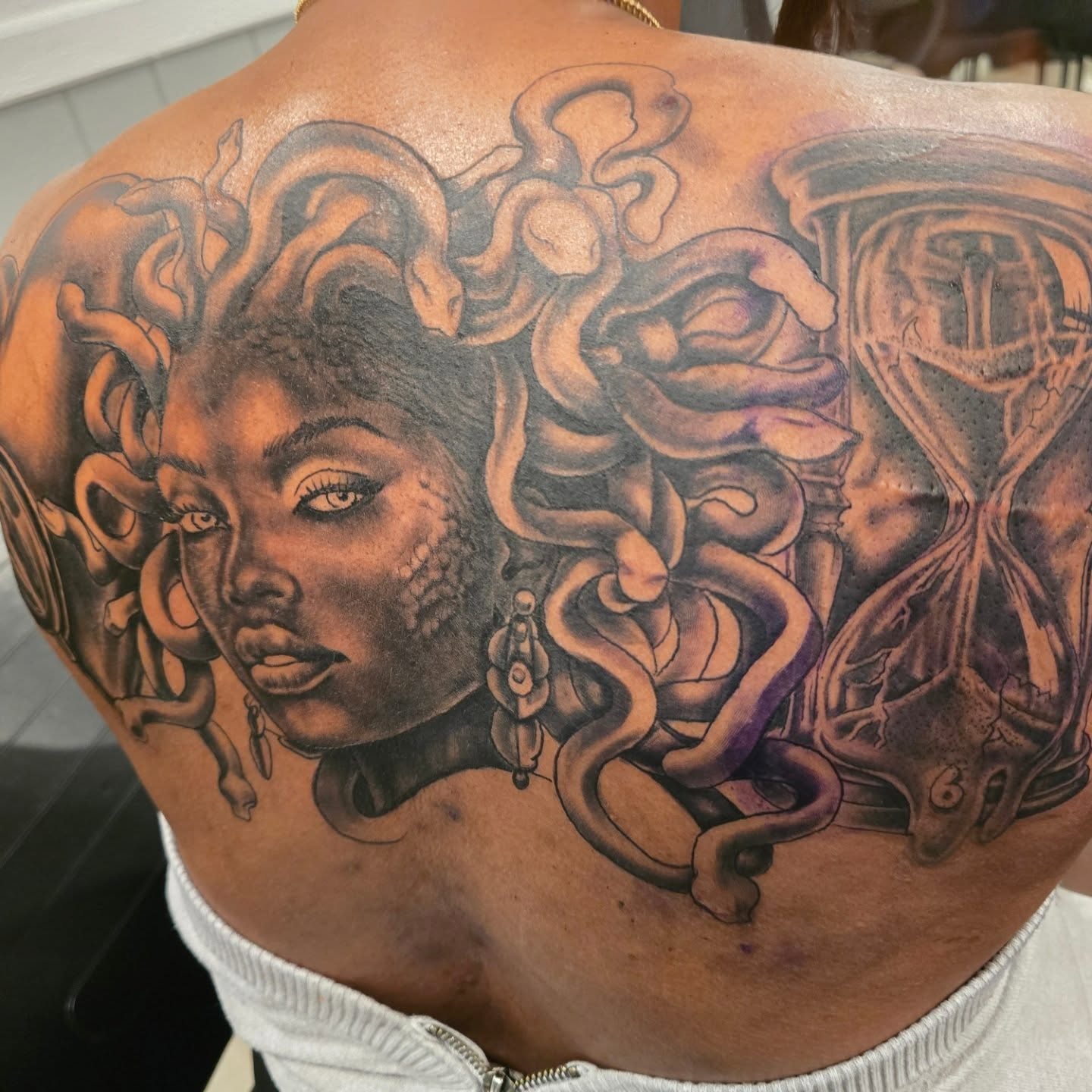 Medusa realism tattoo on the back by Klazzik Mayfield, Fort Lauderdale, Florida