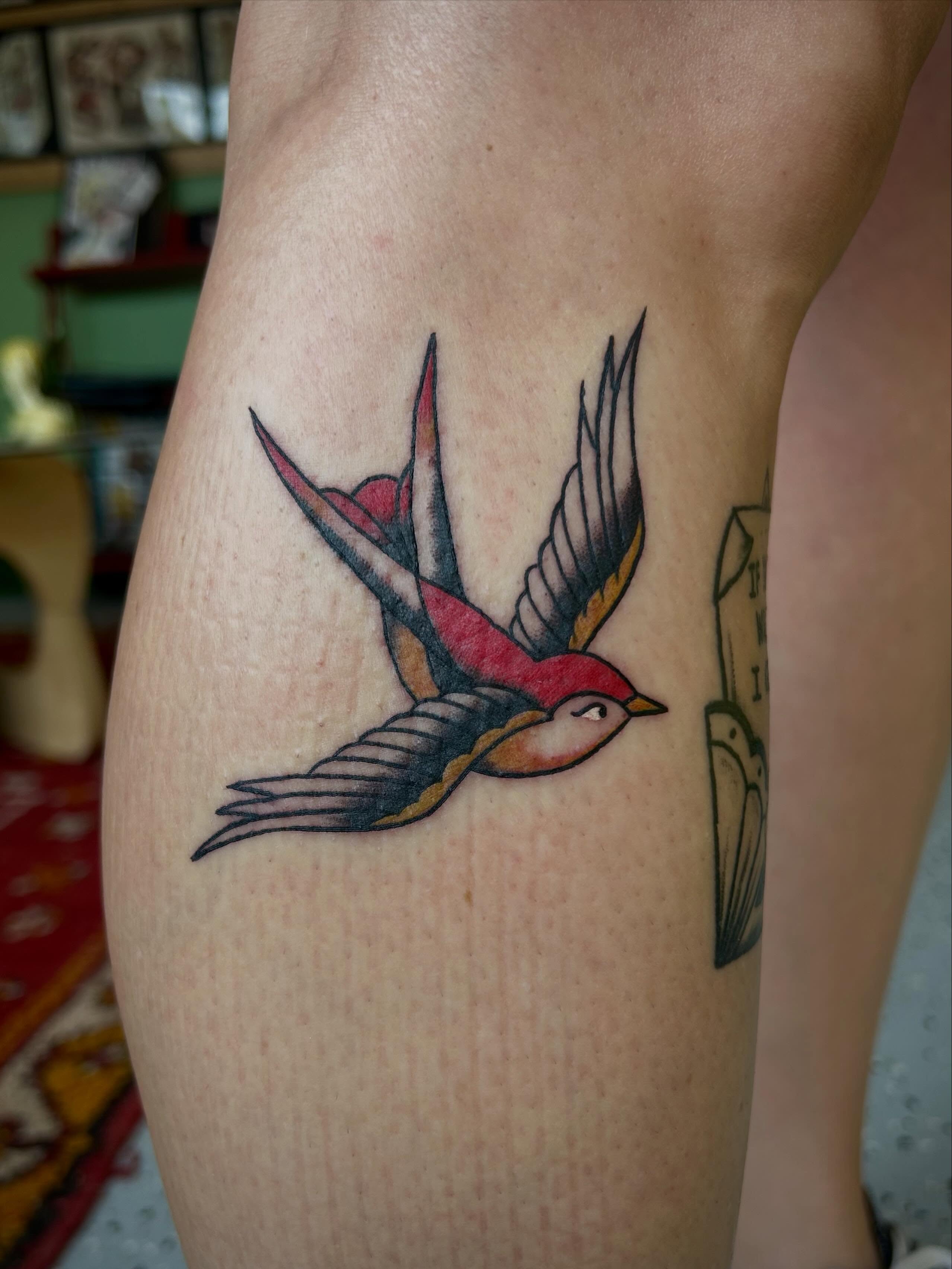 Swallow American traditional tattoo on the thigh by Bria🩸