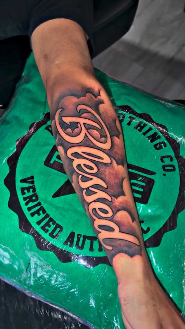 Blessed lettering script tattoo by Atlanta Tattoo Artist βπ½