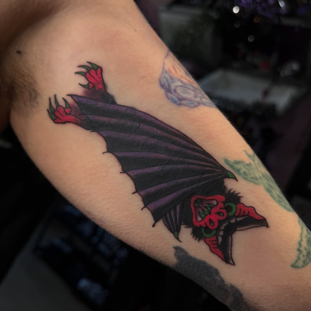 Bat American traditional tattoo on the forearm by Mercy Dean