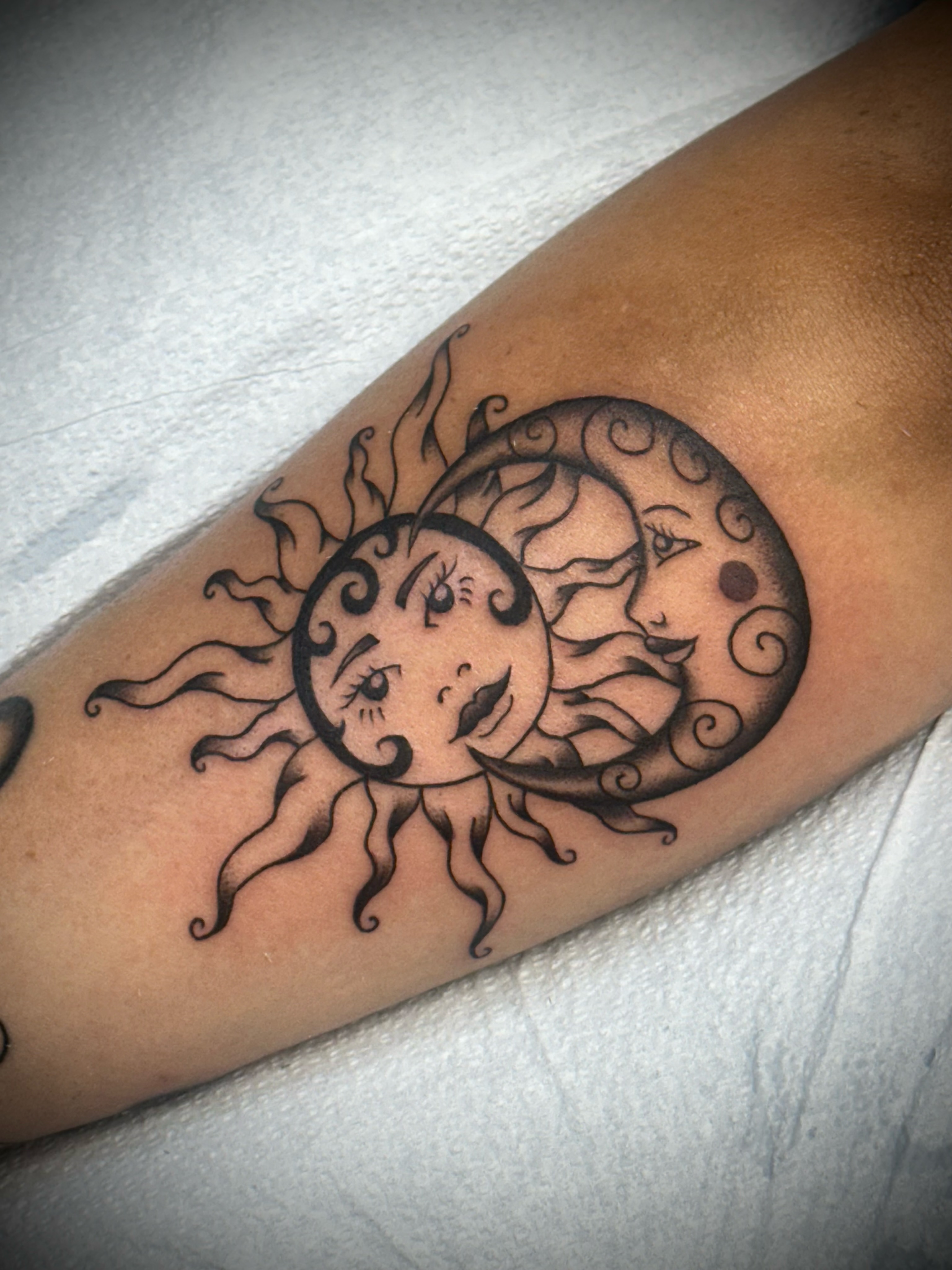 Sun and moon black and grey tattoo on the forearm by 🥀Chloe Miller