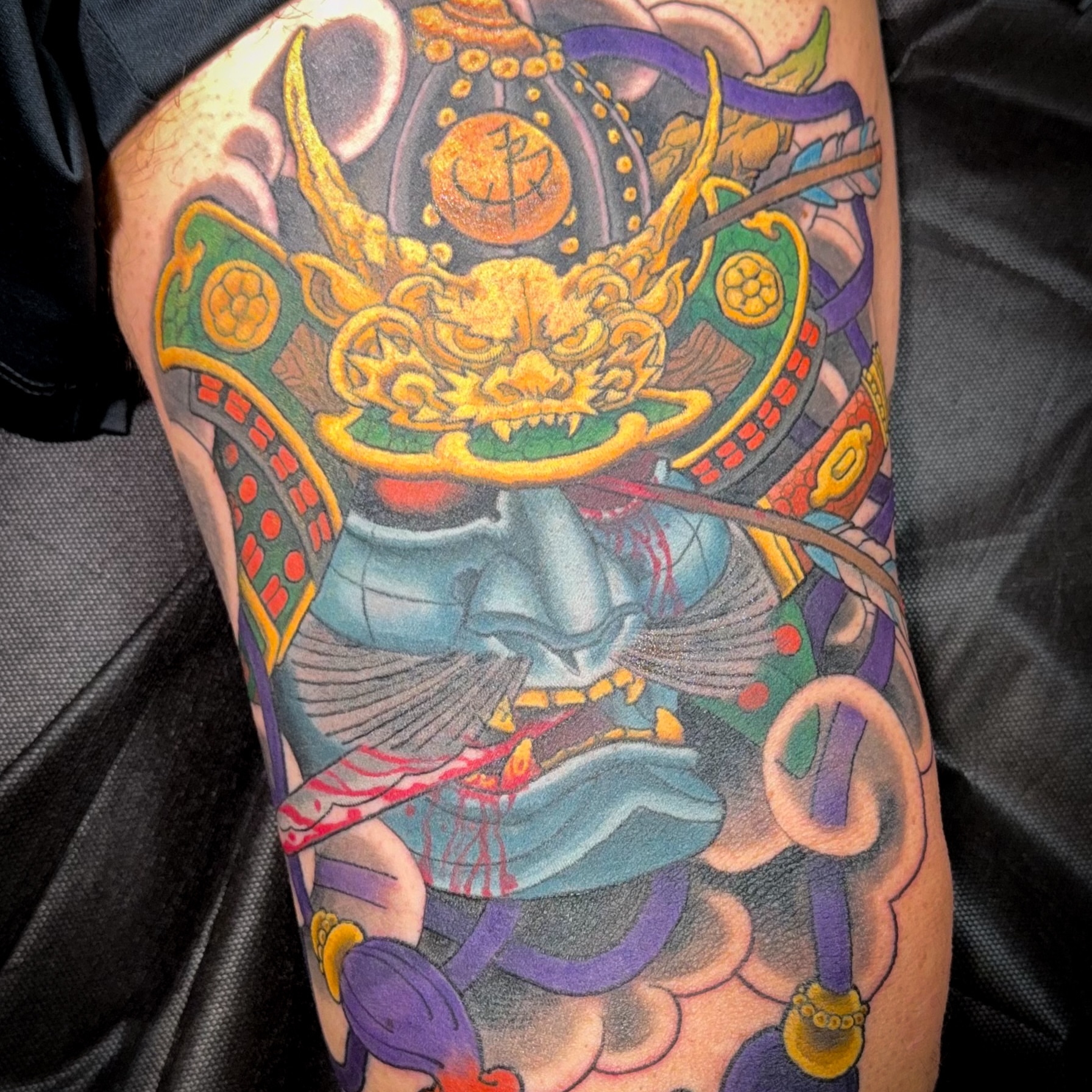 Samurai helmet japanese irezumi tattoo on the forearm by James Bird, Vancouver, British Columbia