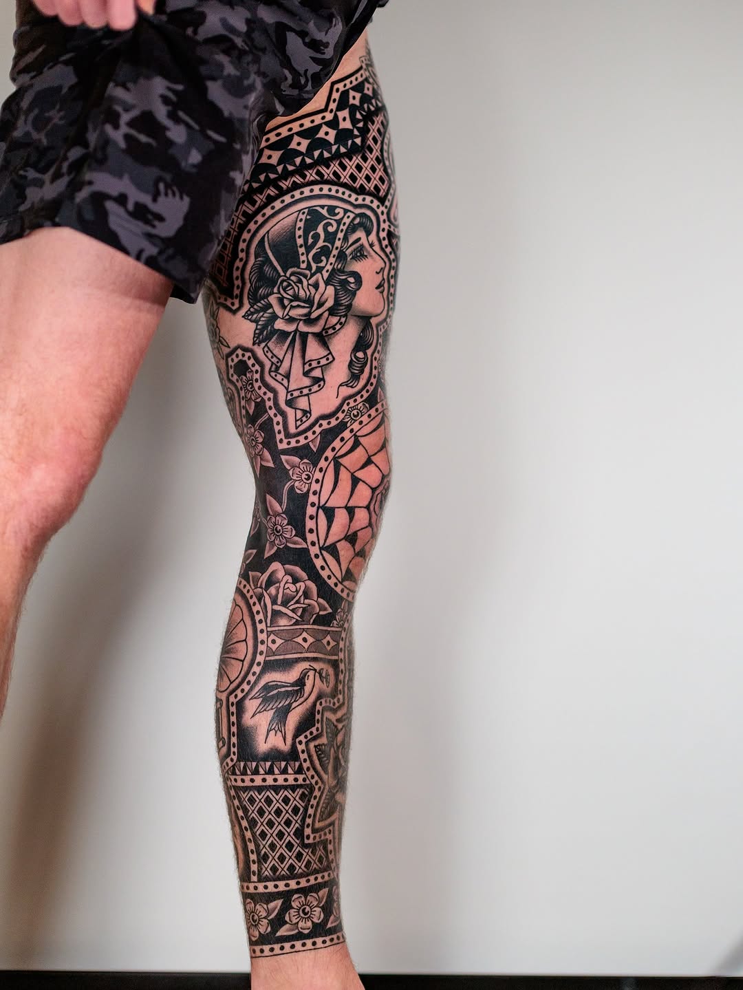 Gypsy woman and decorative patterns geometric tattoo on the leg by Tiffani Thompson, San Diego, California
