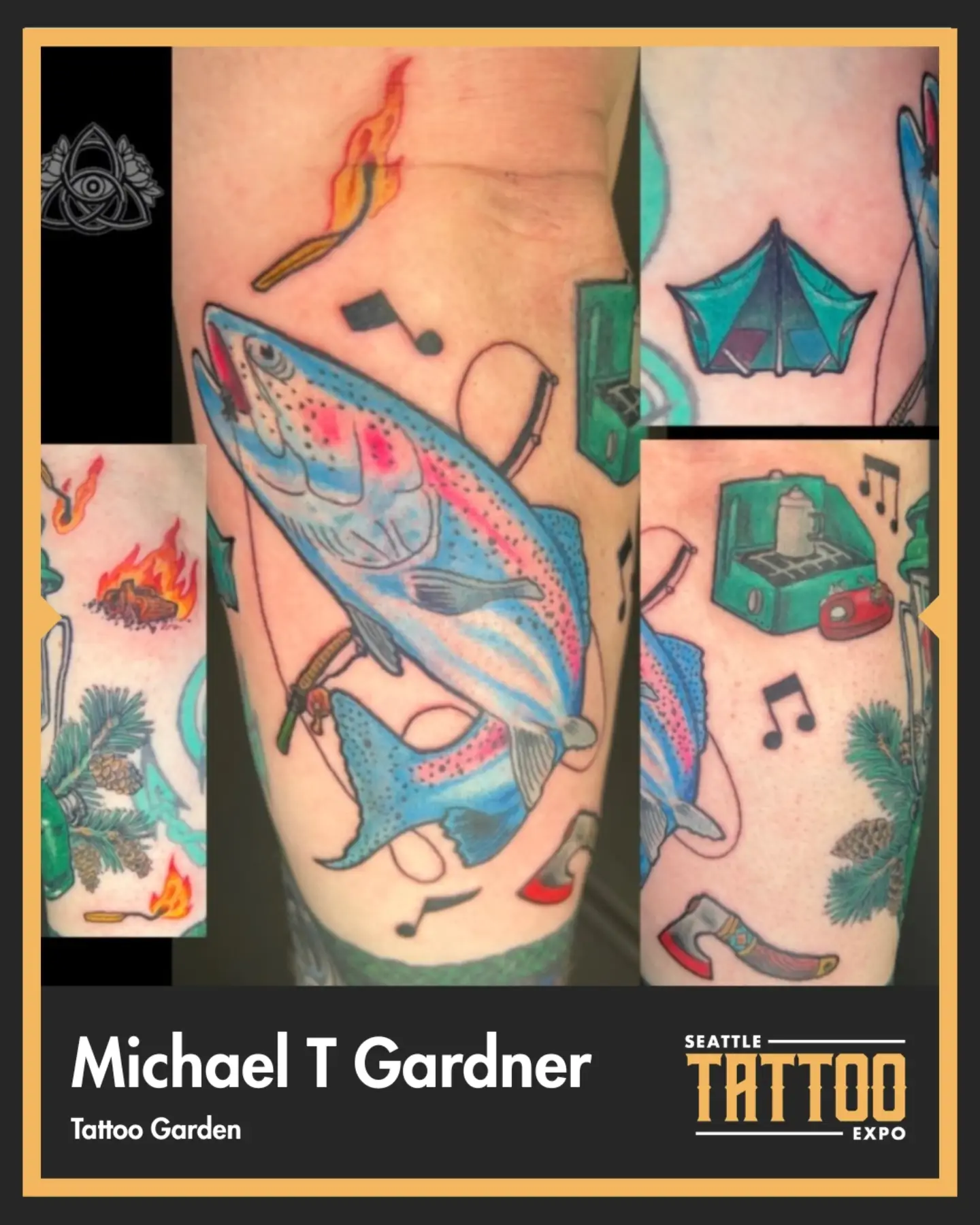 Salmon and camping gear American traditional tattoo on the forearm by Michael - Tattoo Garden Everett, Everett, Washington
