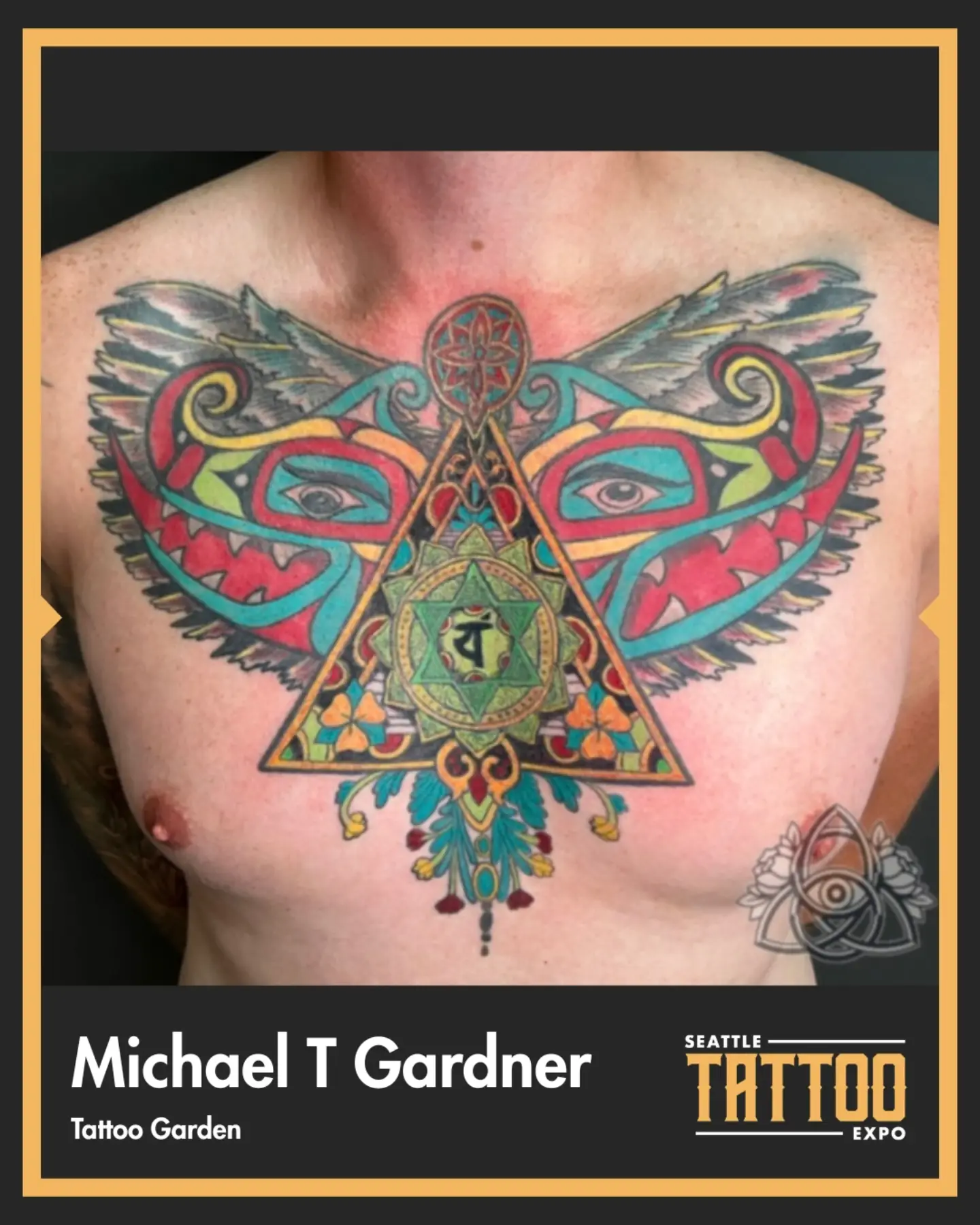 Geometric mask geometric tattoo on the chest by Michael - Tattoo Garden Everett, Everett, Washington