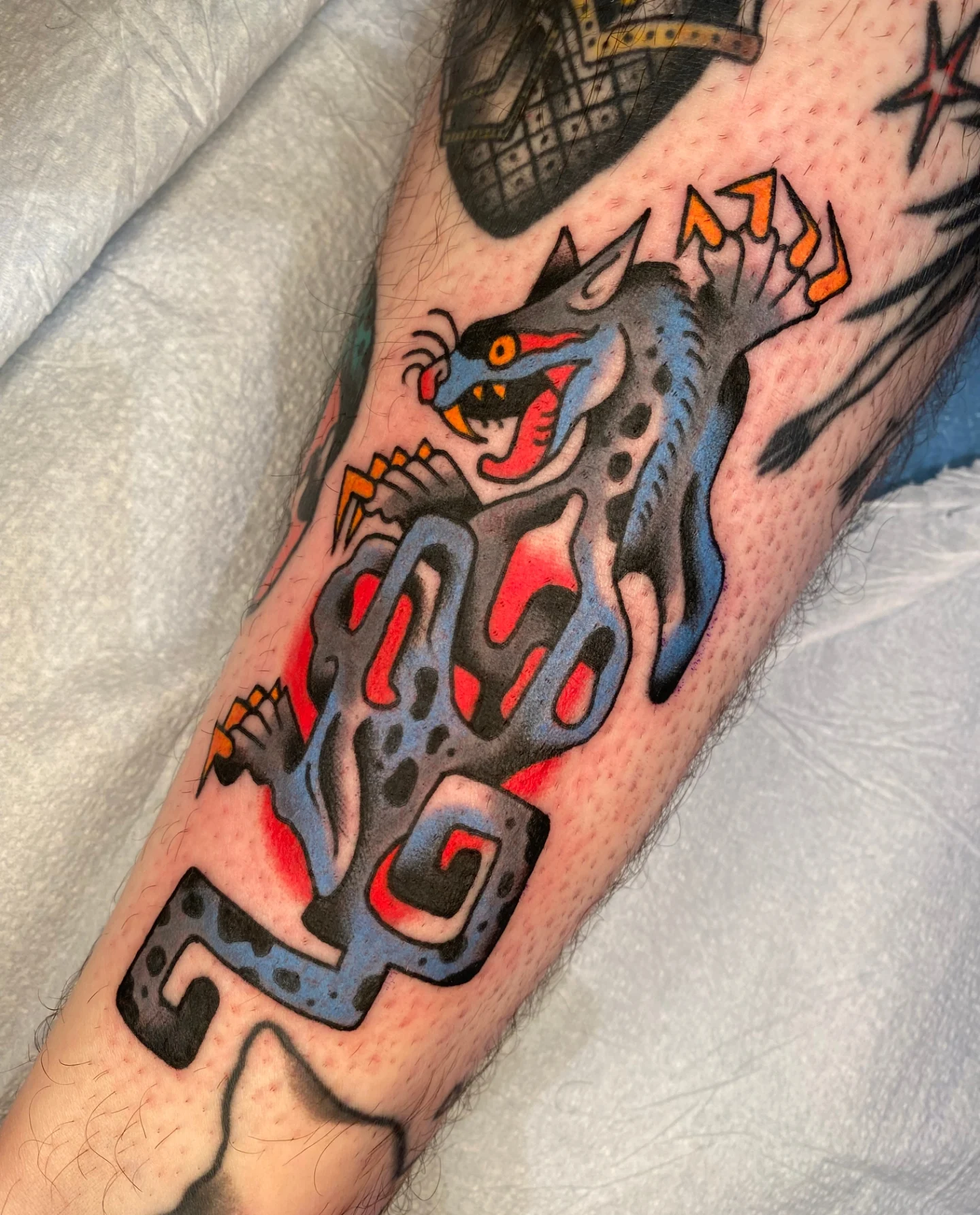 Wolf American traditional tattoo on the forearm by Quinn, Kansas City, Missouri