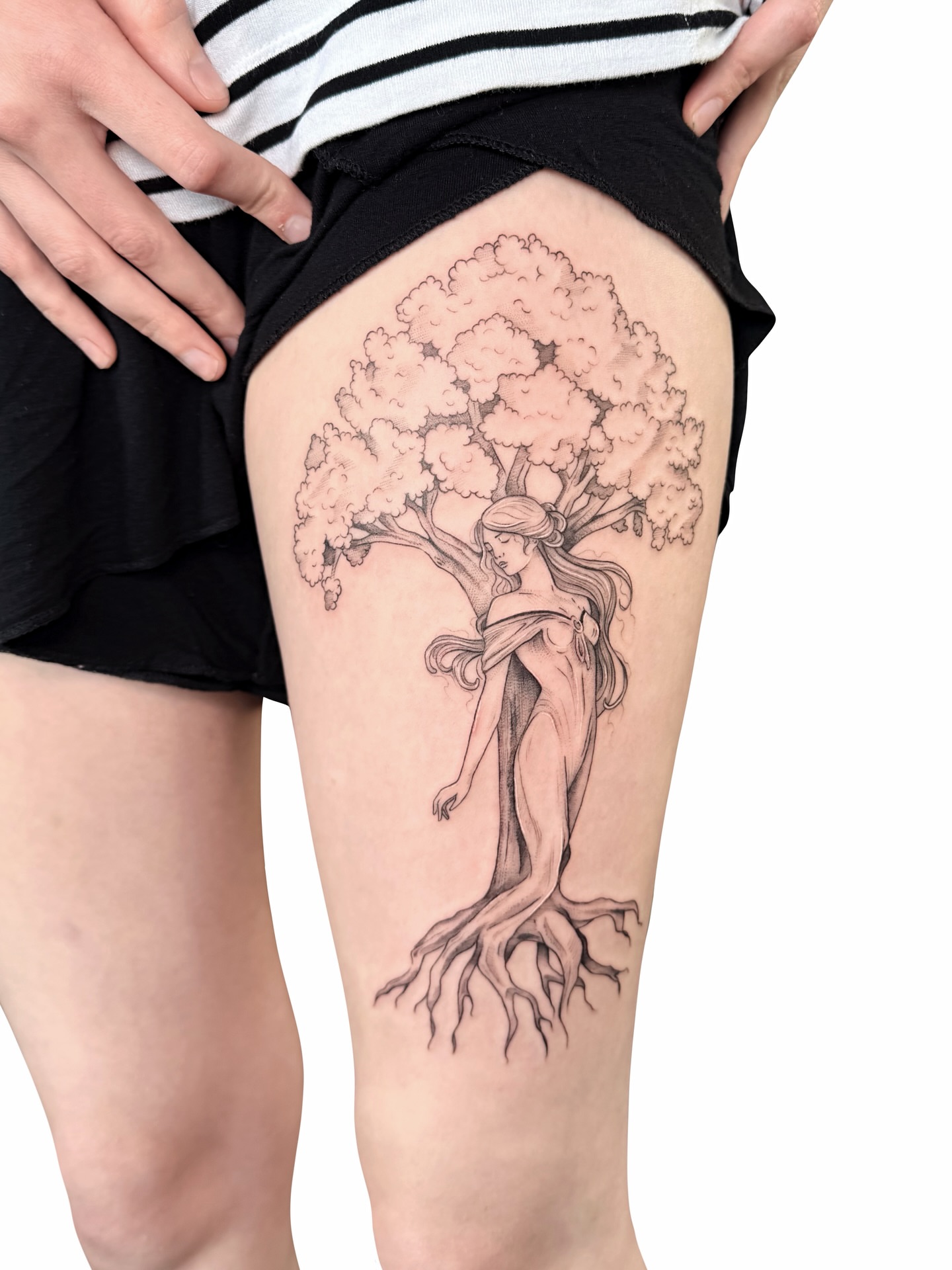 Tree woman realism tattoo on the thigh by Fionna, Seattle, Washington