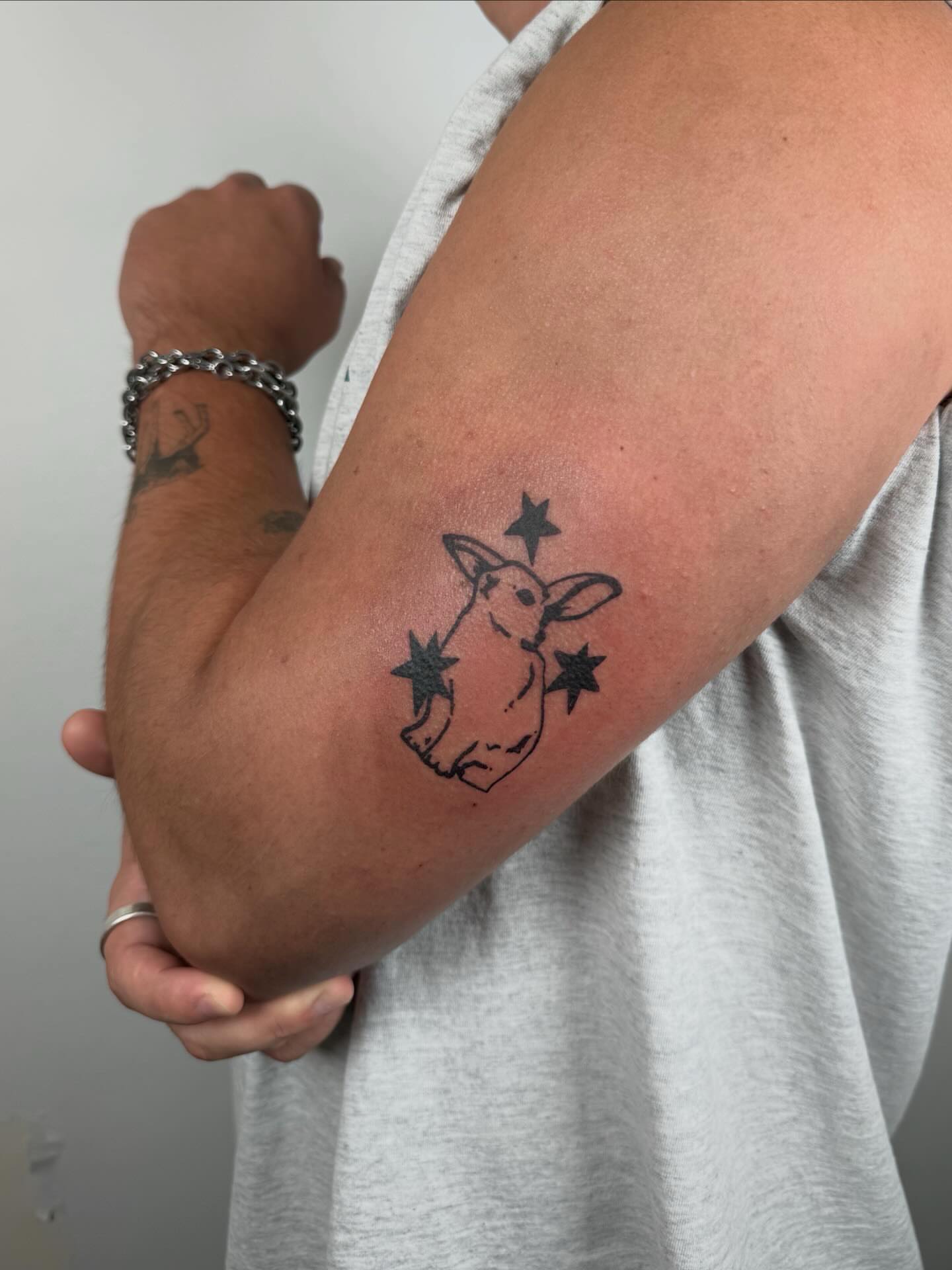 Goat with stars black and grey tattoo on the forearm by TATTOO & PIERCING ARTIST ₊˚⊹ ᰔ