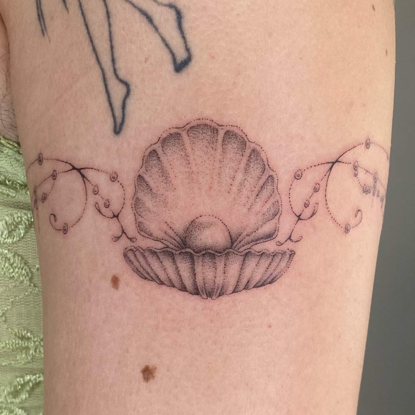 Scallop shell dotwork tattoo on the forearm by ๐ป๐๐๐๐๐๐๐ โงห*ยฐเฟ