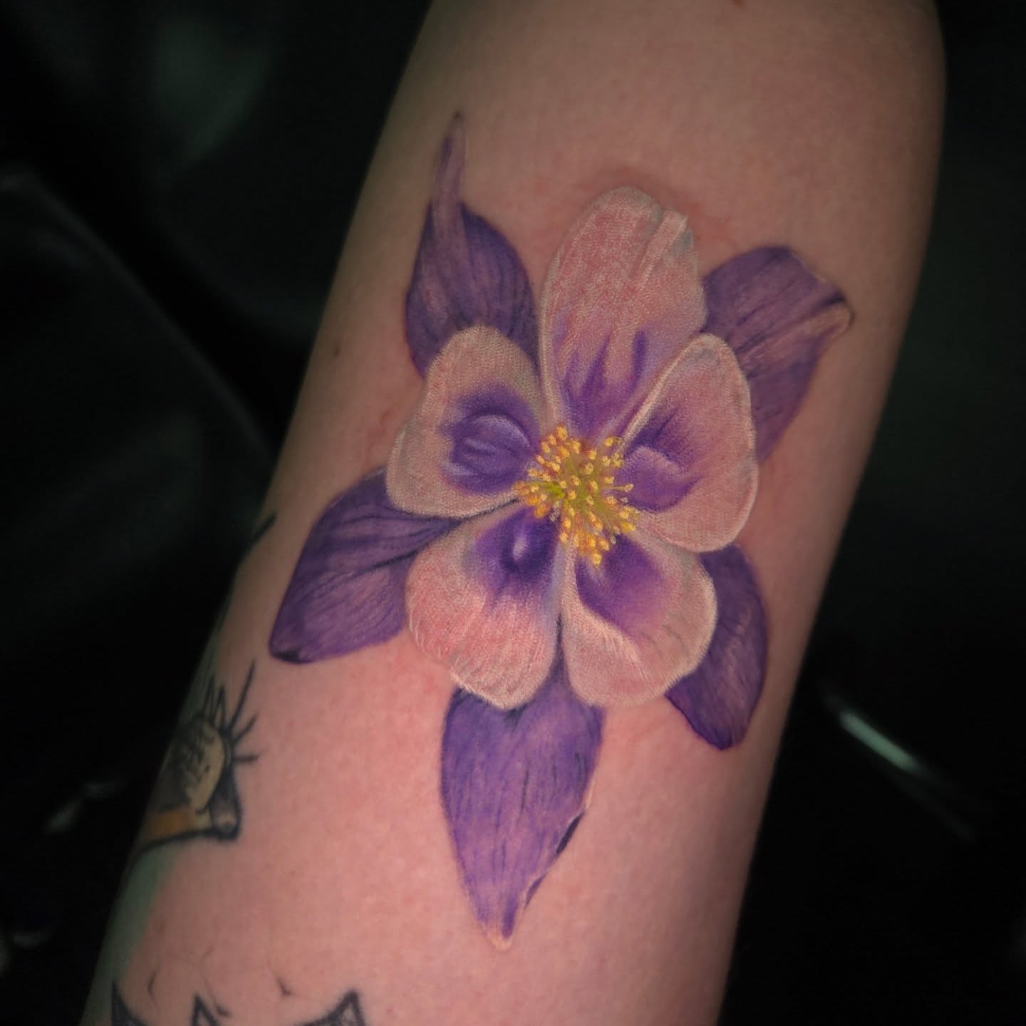 Purple flower realism tattoo on the forearm by Trinity Renee