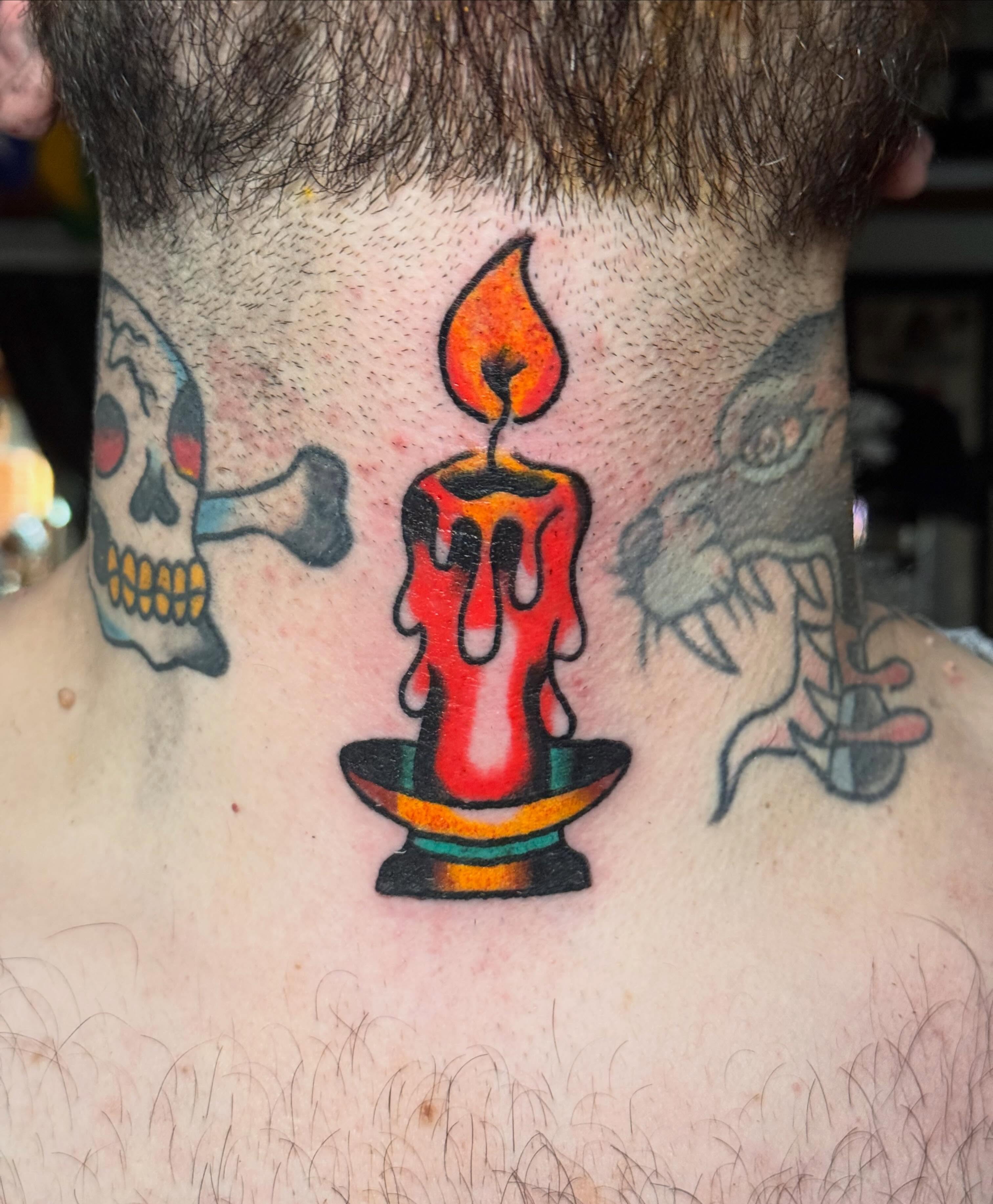 Candle American traditional tattoo on the neck by Zach Lemieux