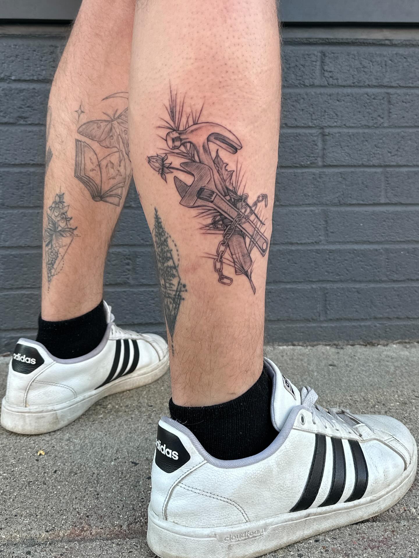 Anchor and compass black and grey tattoo on the calf by gabrielle rosemary ποΈ