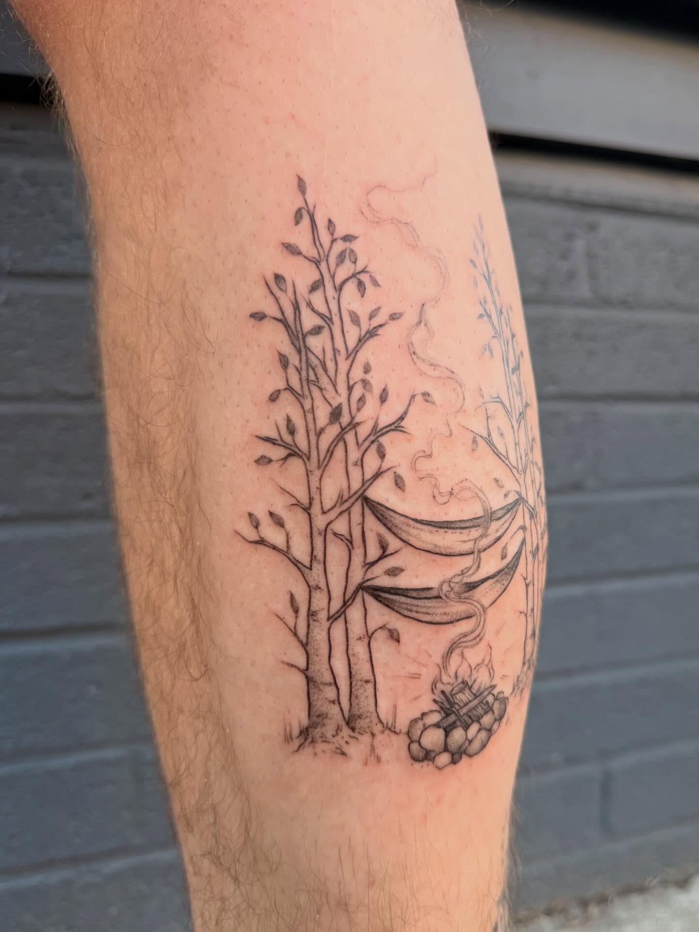 Campfire scene realism tattoo on the forearm by gabrielle rosemary ποΈ