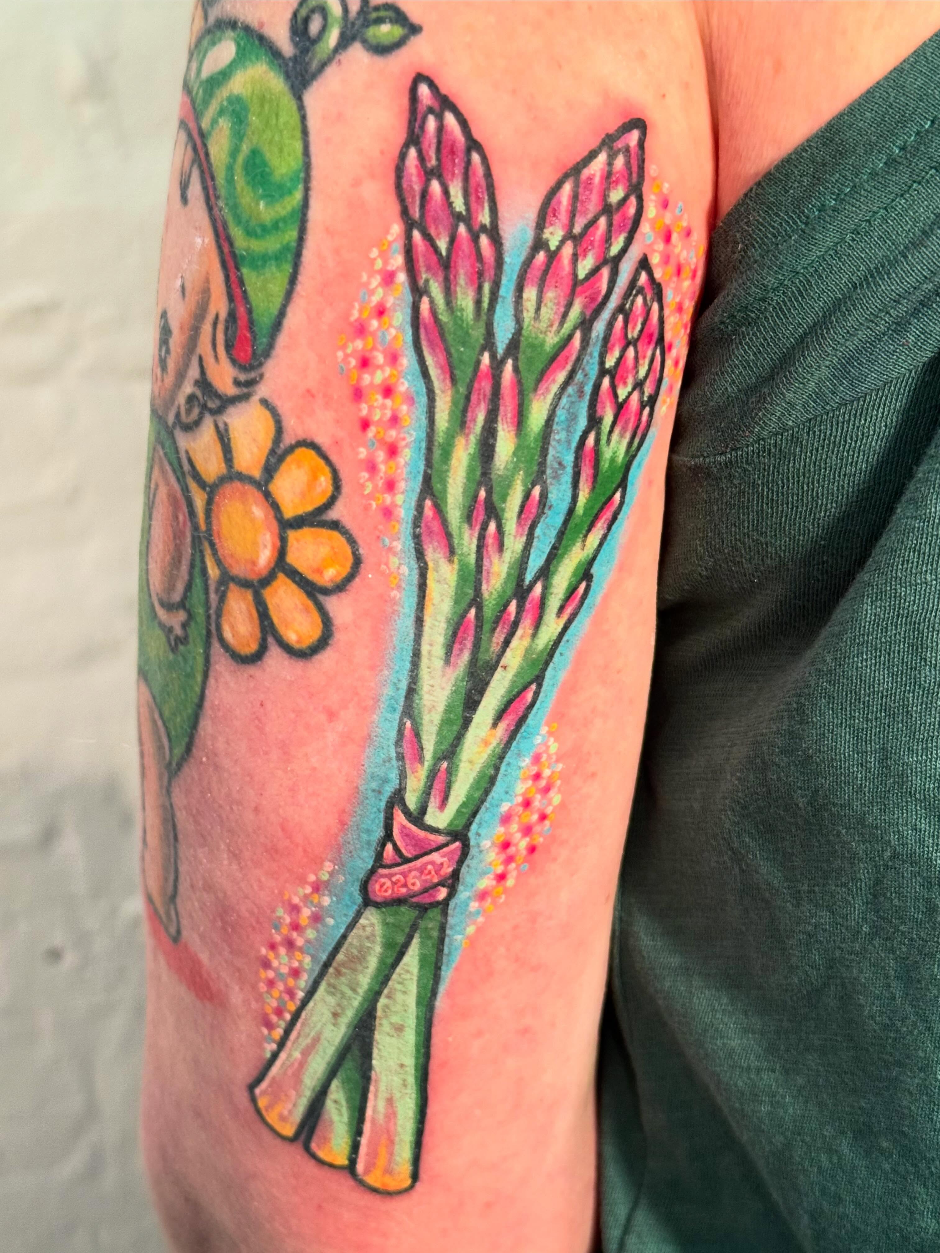 Asparagus American traditional tattoo on the forearm by Mackz