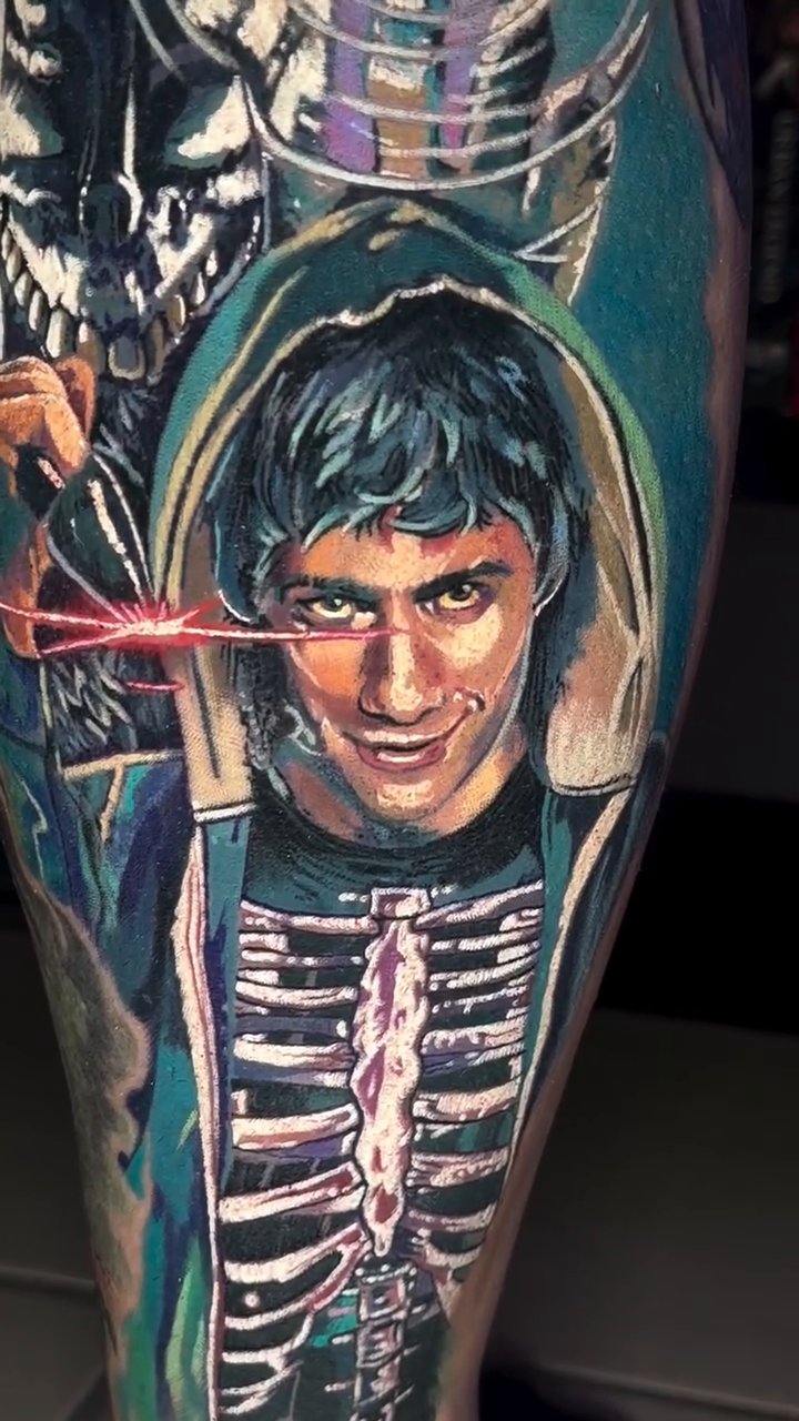 Man's portrait and skeleton realism tattoo by Steven Pelkey, Eastpointe, Michigan