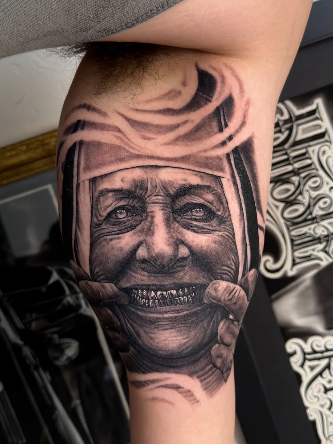 Nun portrait Chicano tattoo on the forearm by Richie Moreno lll
