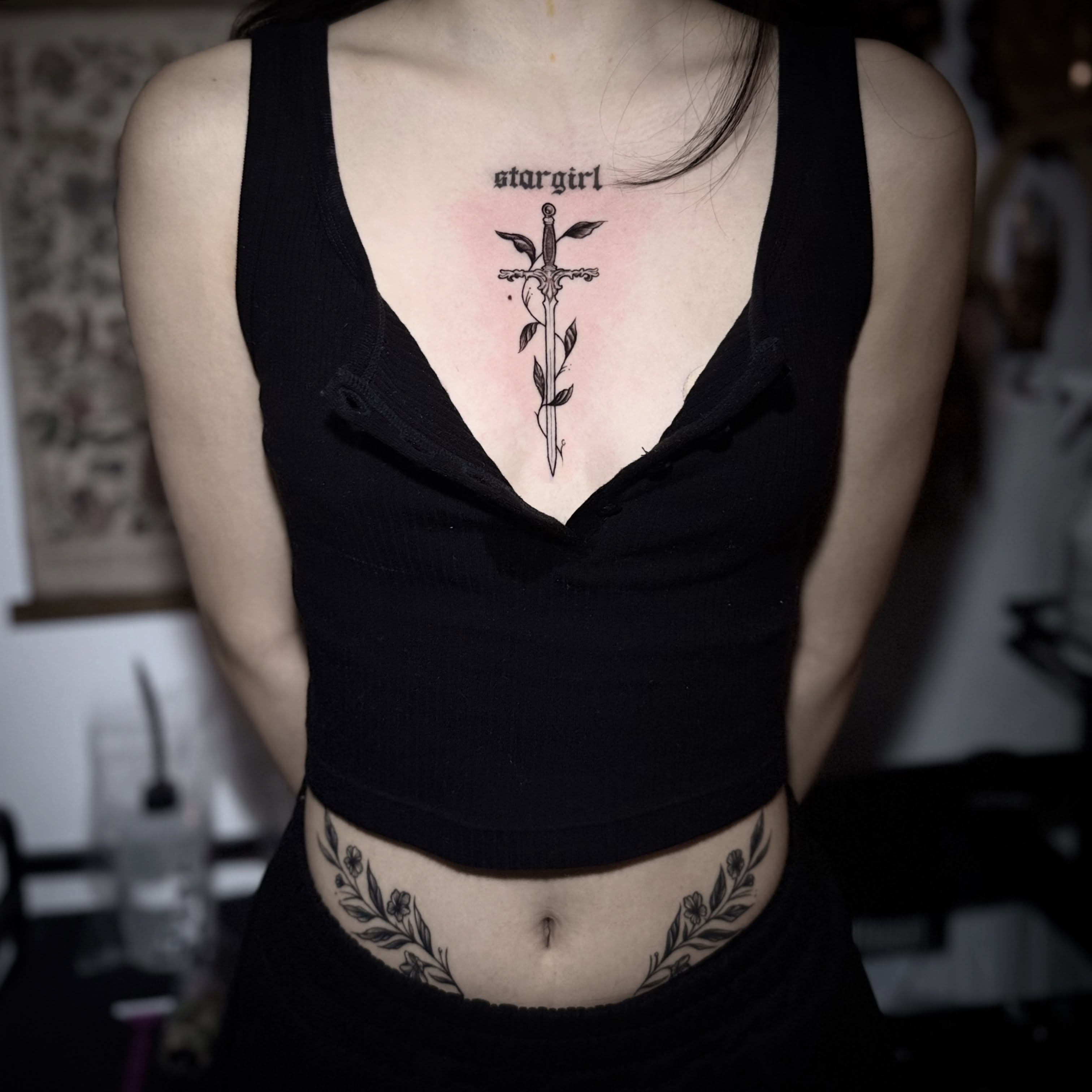 Sword and rose black and grey tattoo on the chest by † Aileen † Chicago Tattoo Artist