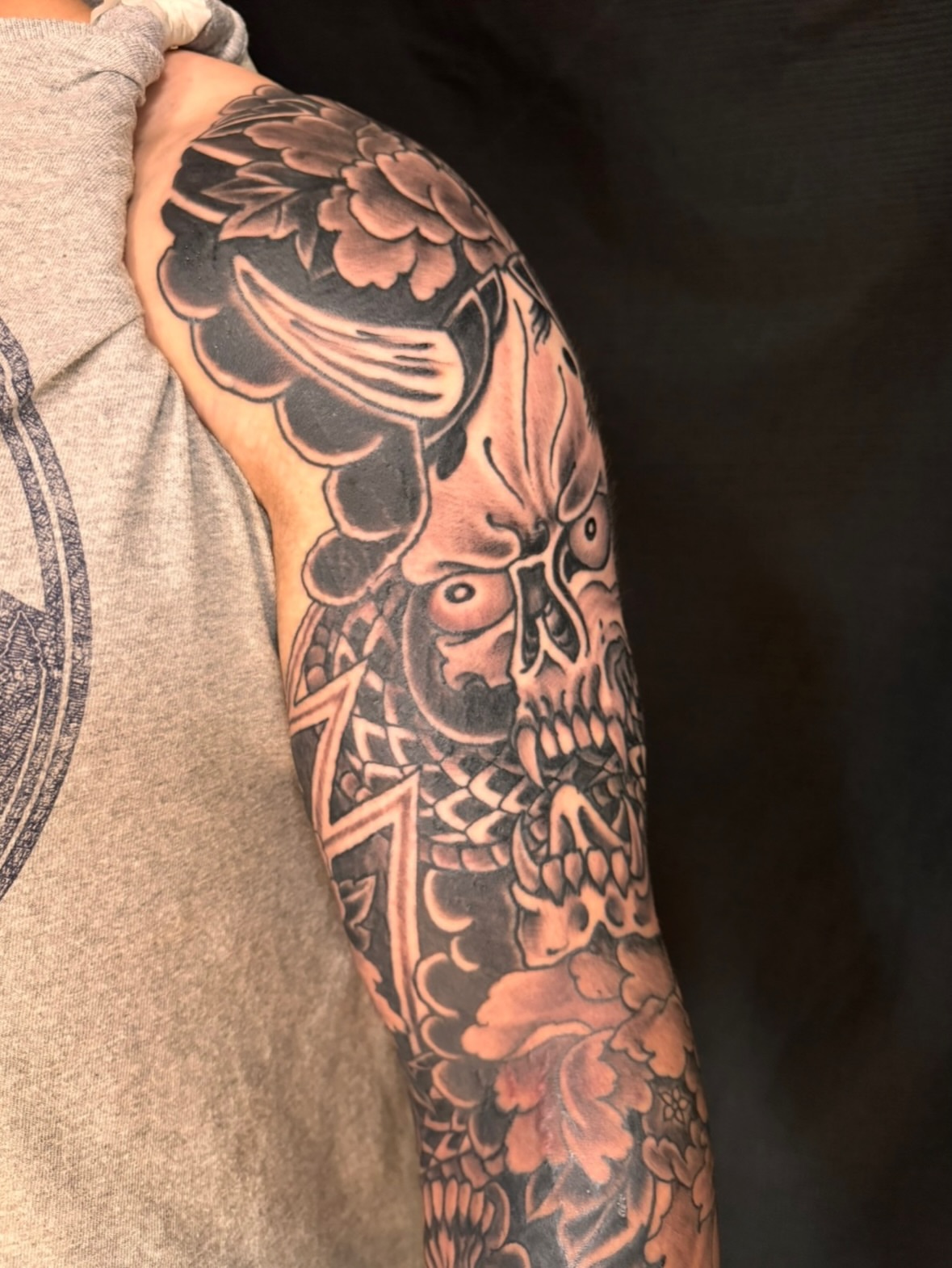 Skull and floral japanese irezumi tattoo on the forearm by Brian Hutflies
