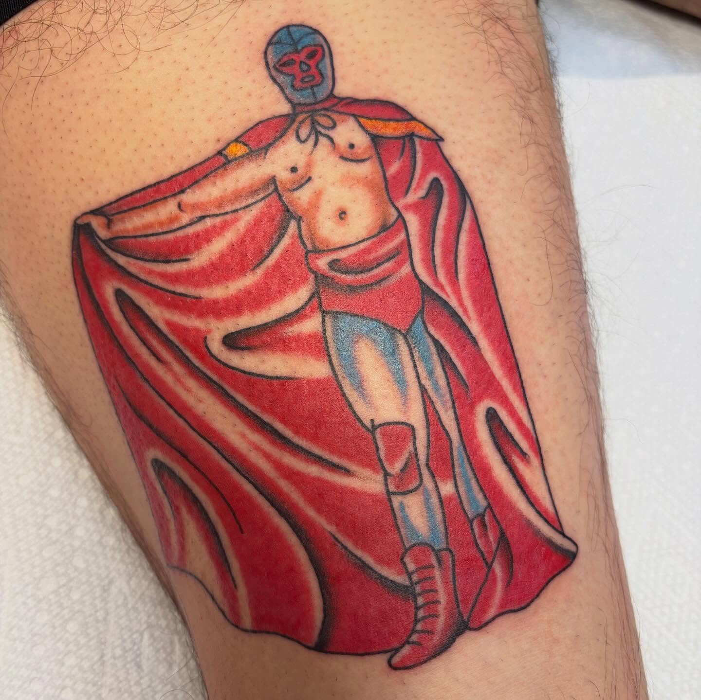 Luchador Chicano tattoo on the thigh by ❁ Tat2friend ❁