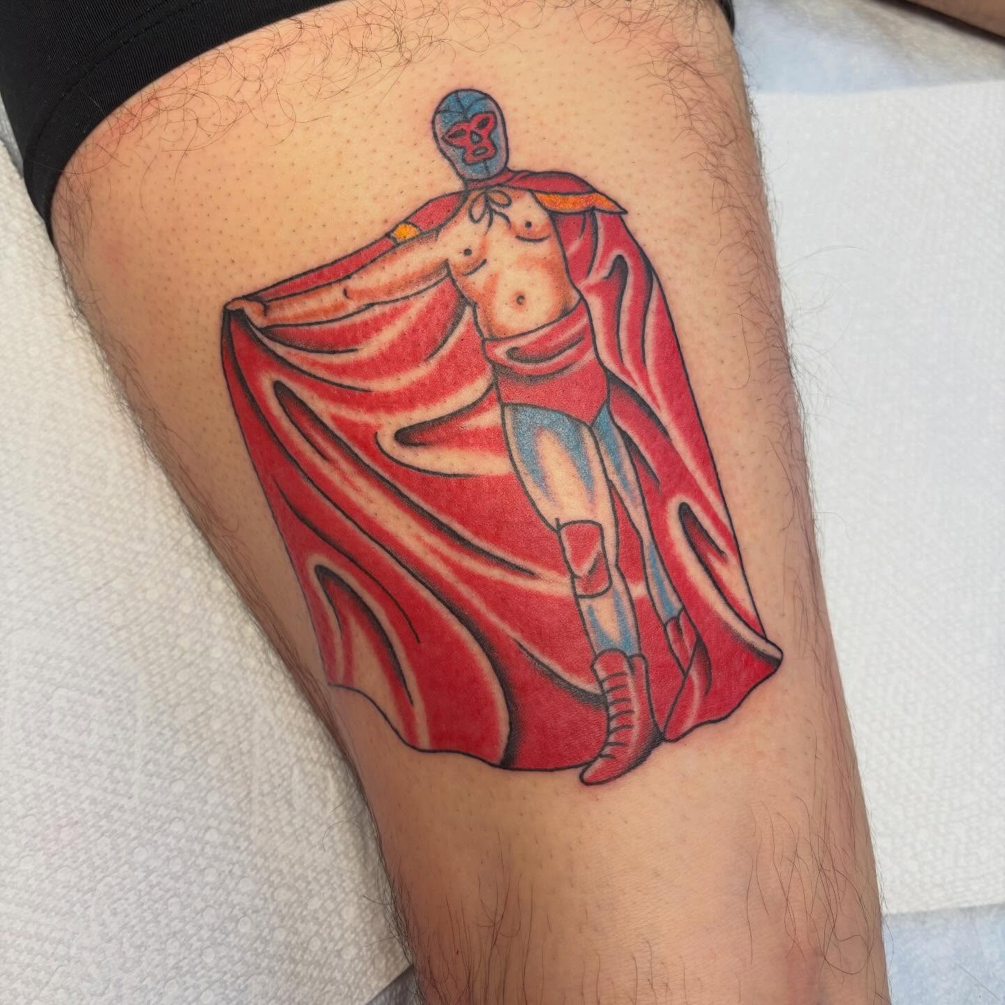 Luchador American traditional tattoo on the thigh by ❁ Tat2friend ❁