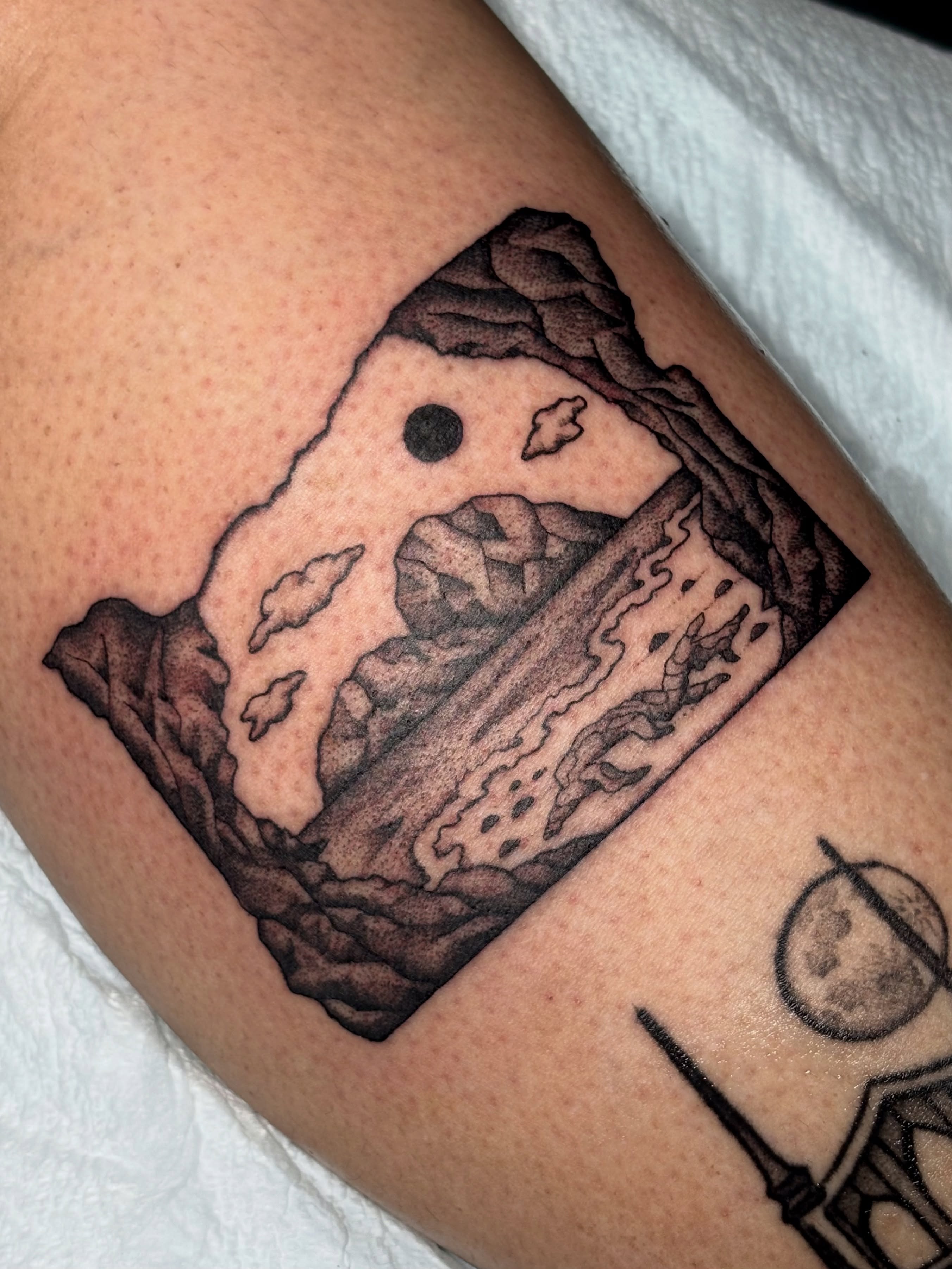 Landscape realism tattoo on the forearm by ✨madison✨, Portland, Oregon