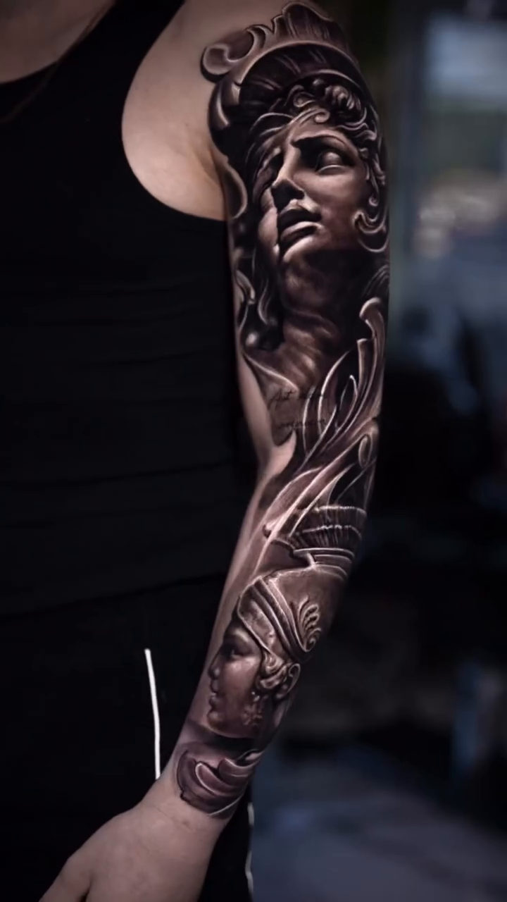 Bust of David statue sleeve realism tattoo on the upper arm by π¨π»βπ¨Ever luis Rivero π¨π»βπ¨