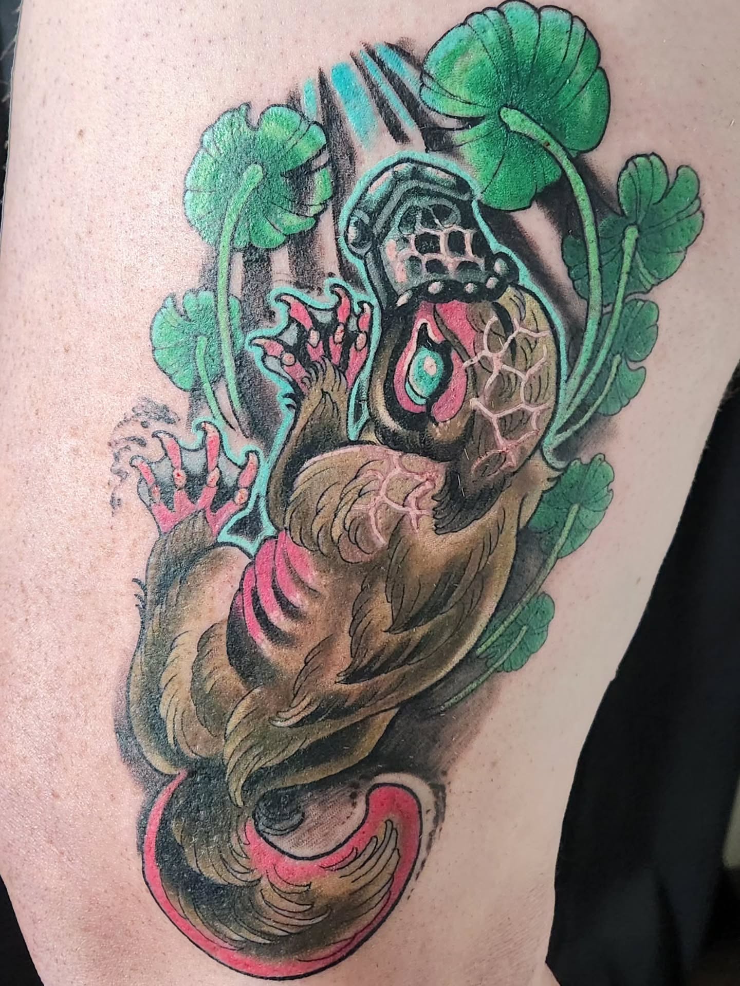 Mythical creature neo-traditional tattoo on the thigh by Randy