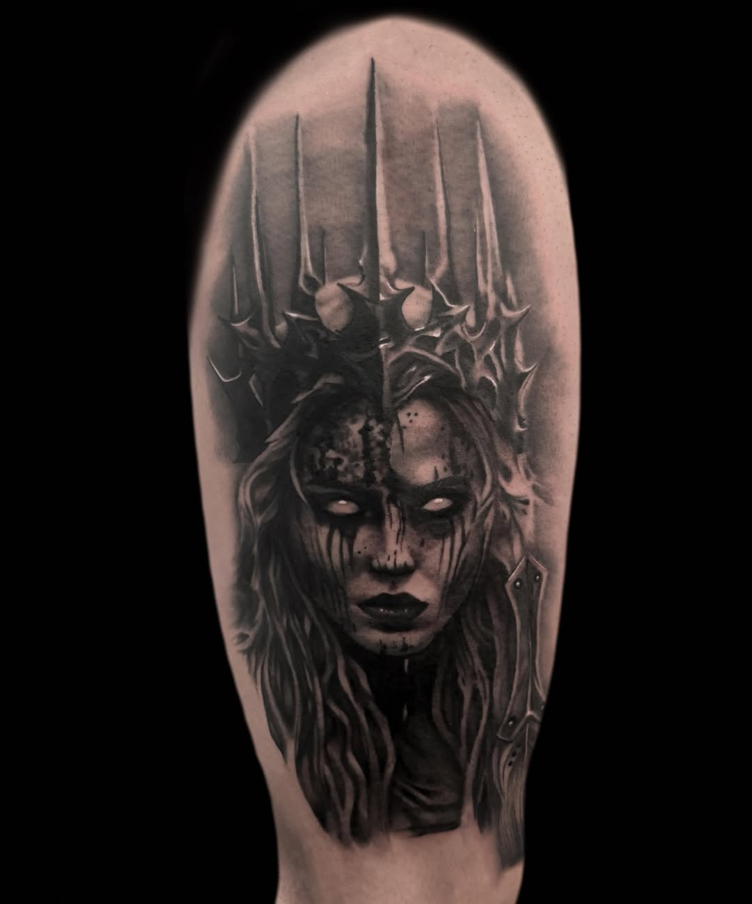 Sorceress with crown realism tattoo on the forearm by Jen Bean, Richmond, Virginia