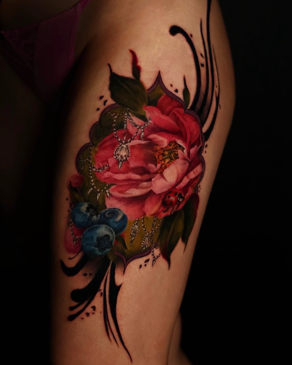 Peony bouquet realism tattoo on the thigh by Júlia Sorrino