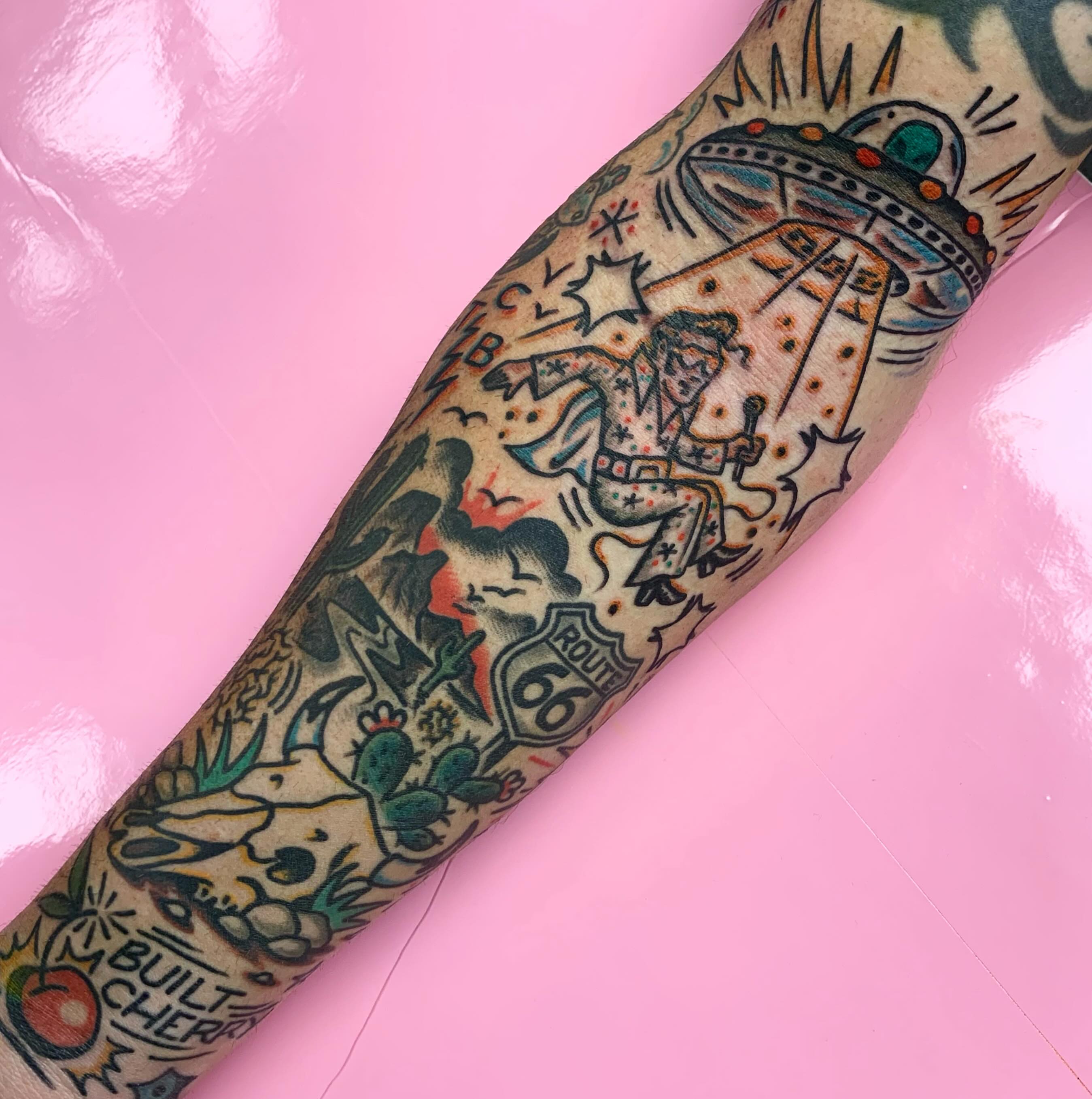 Space-themed tattoo American traditional tattoo on the forearm by Los Angeles Tattoo Artist