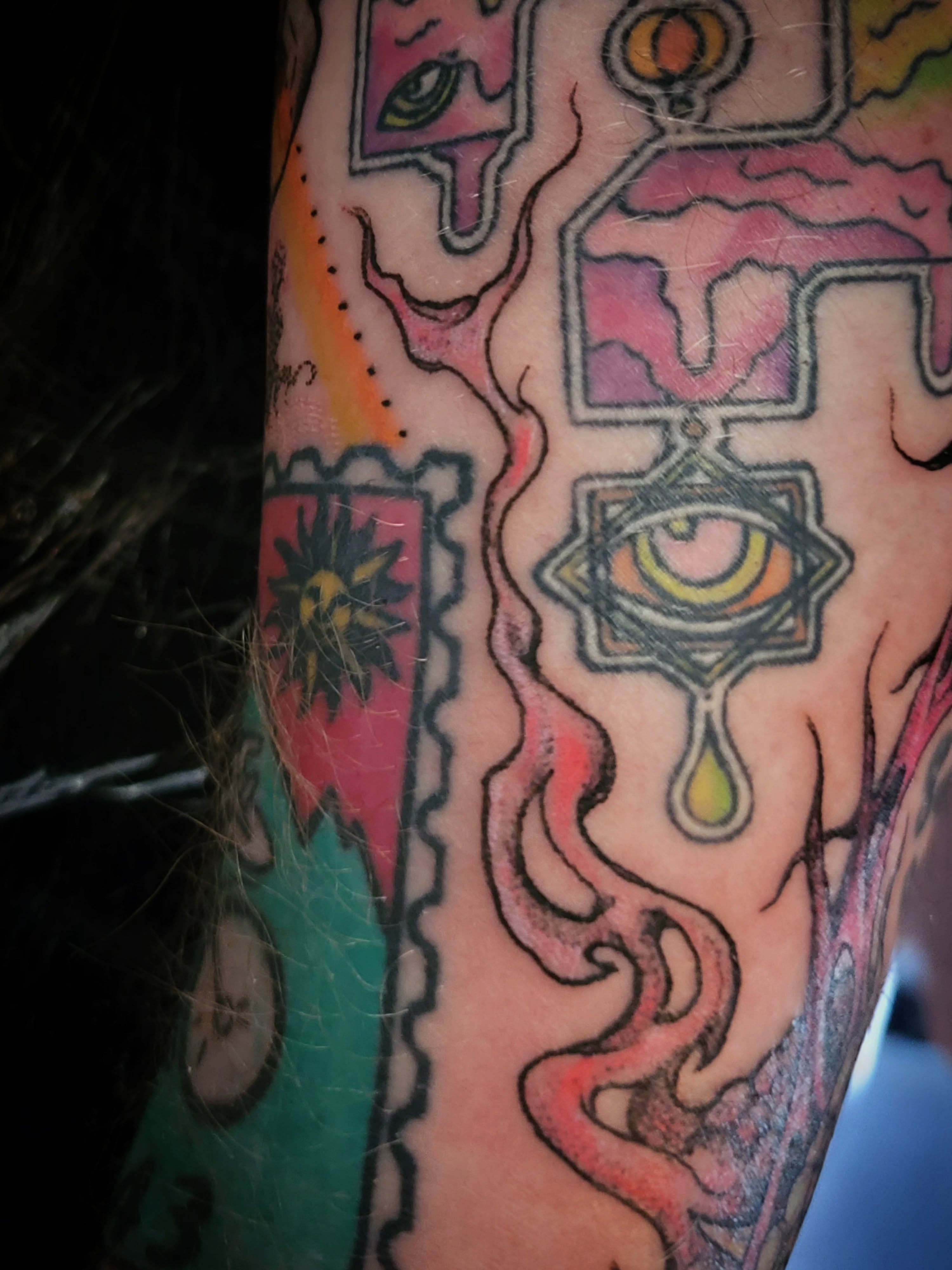 Eye and dripping liquid American traditional tattoo on the forearm by brockton a f 💀