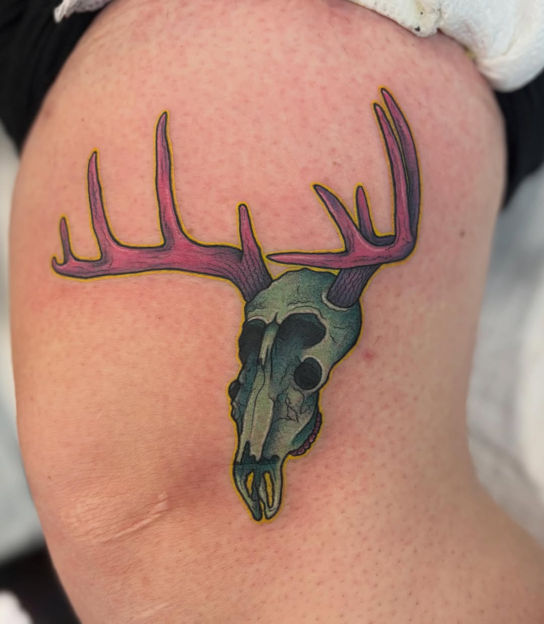 Deer skull realism tattoo on the thigh by Olivia Buch