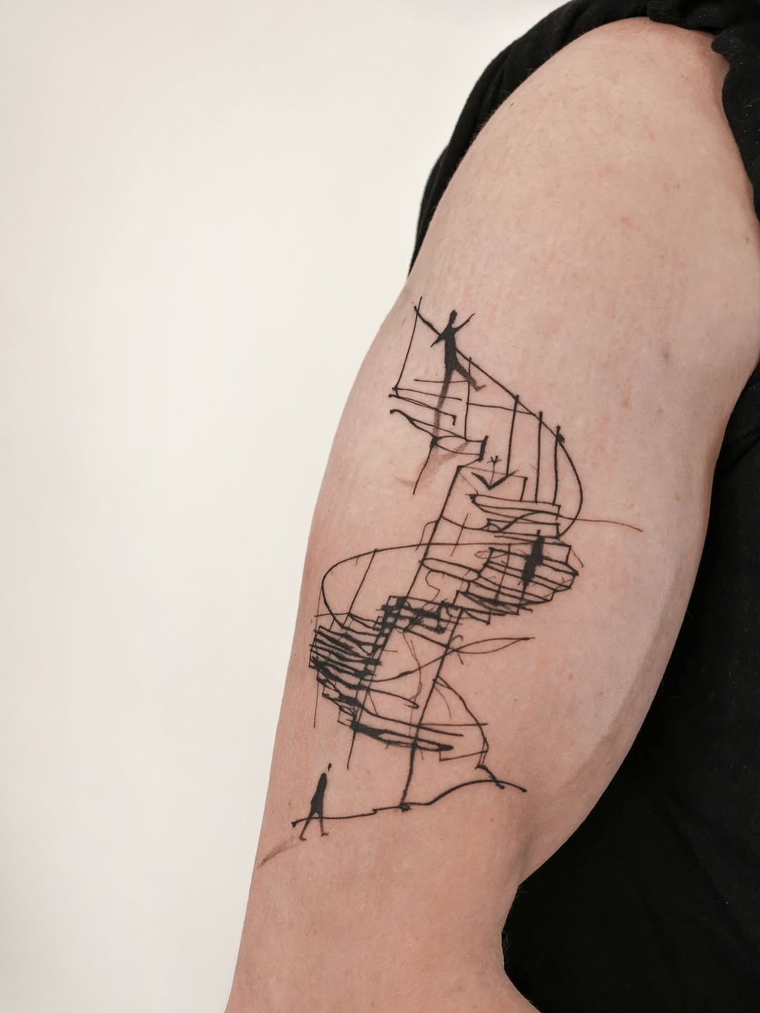 Abstract architectural sketch with figures sketch tattoo on the forearm by 초현실과 현실 그 사이를 그리다.