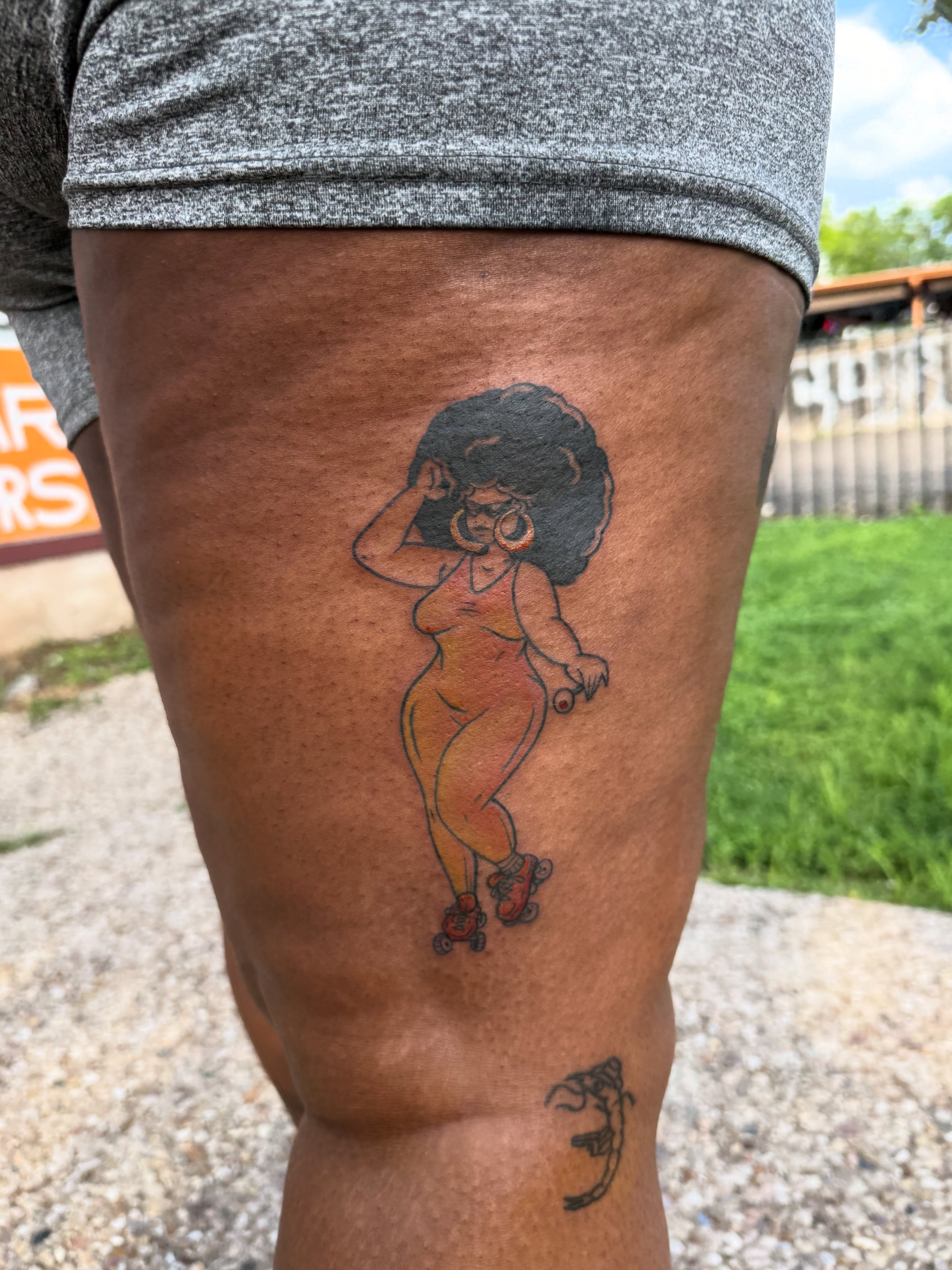 Roller skating woman American traditional tattoo on the thigh by ⁘ heléna tupou-lisle ⁘