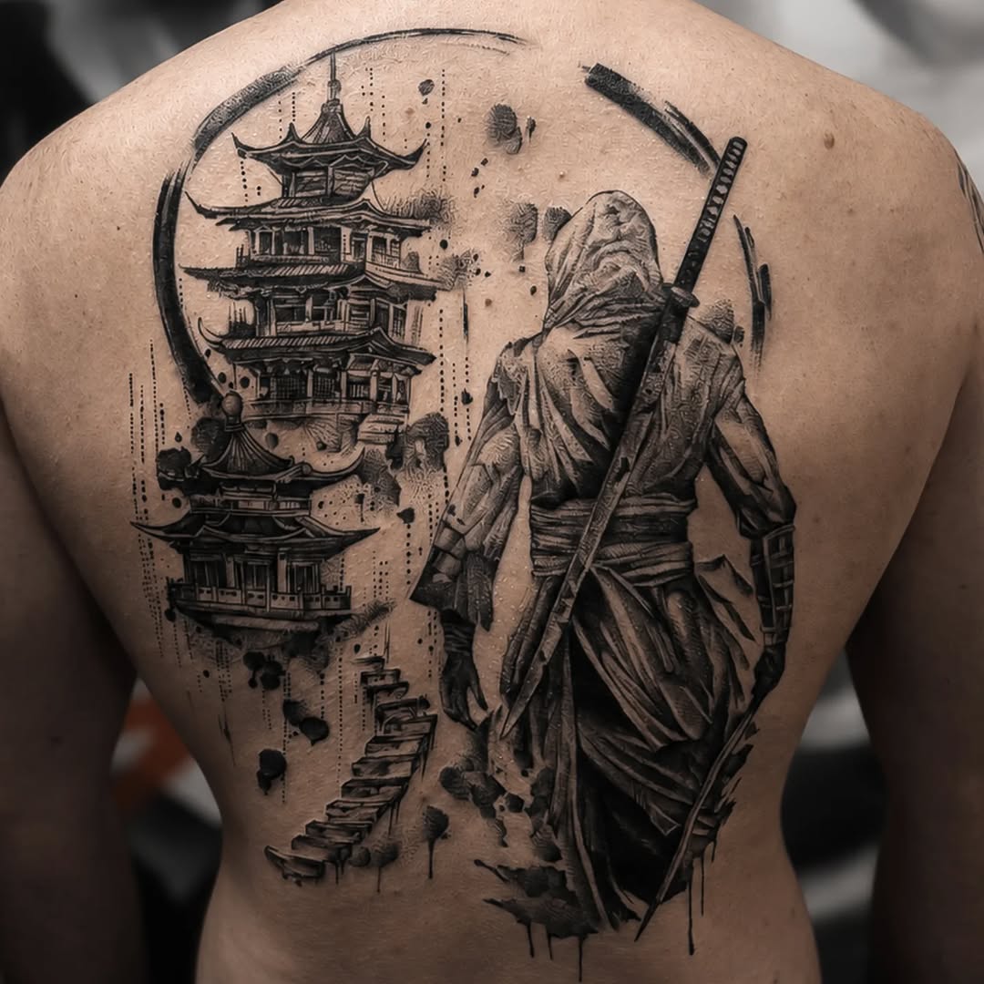 Ninja and pagoda realism tattoo on the back by Тату Херсон _ Kherson tattoo, Kherson
